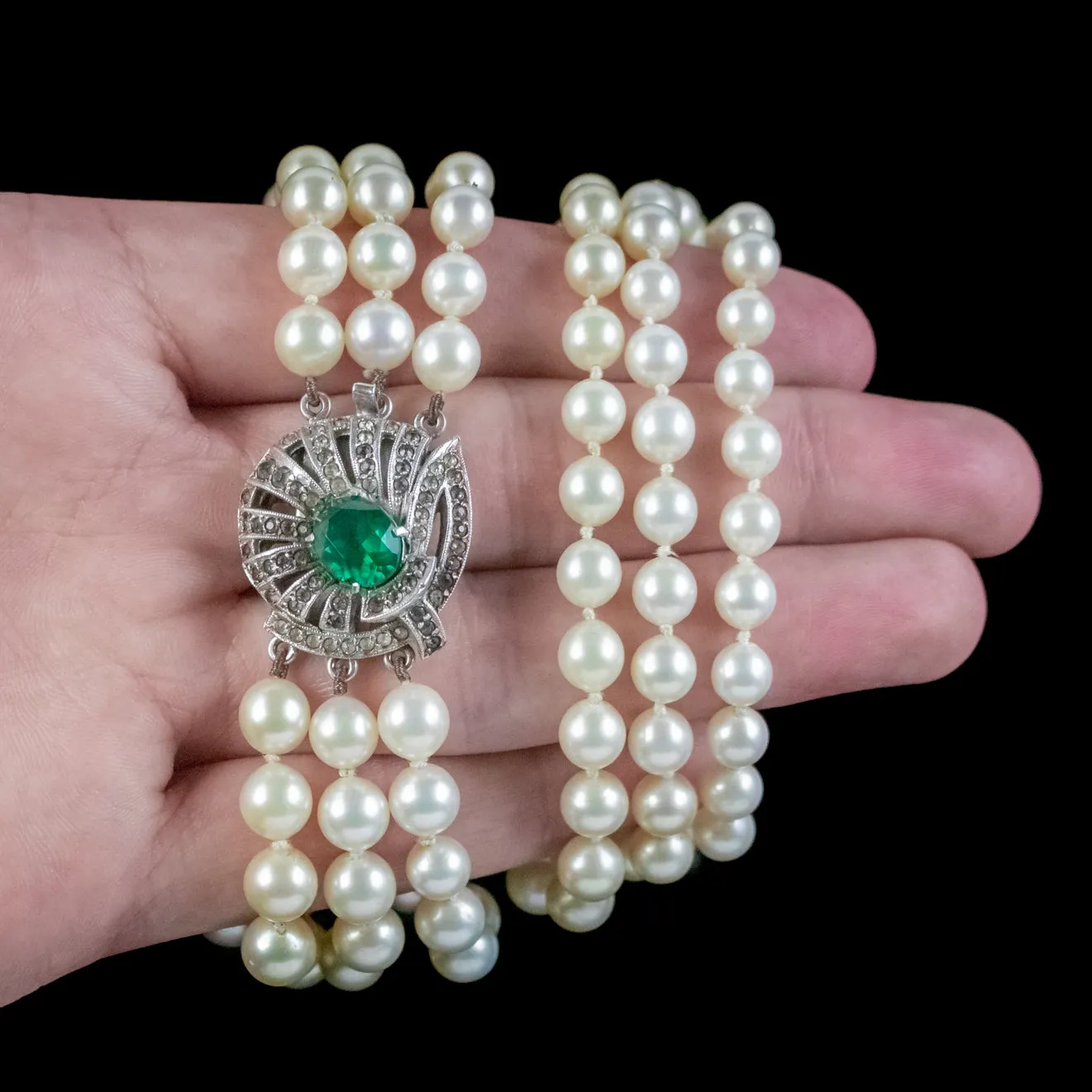 Art Deco Triple Strand Pearl Necklace Silver Paste Clasp Circa 1920