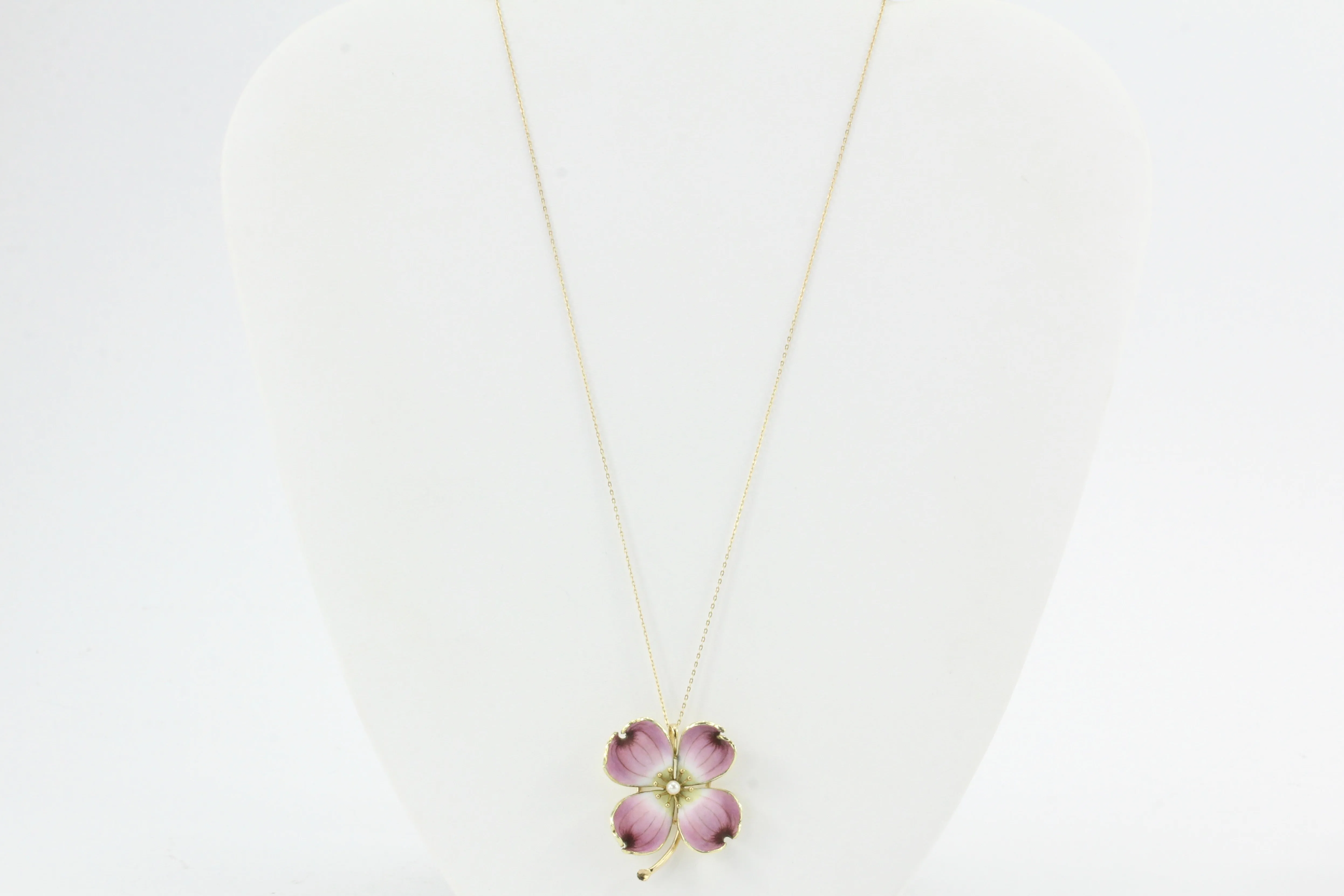 Art Nouveau 14K Gold Enamel Dogwood Flower Pendant Necklace A.J. Hedges c.1900