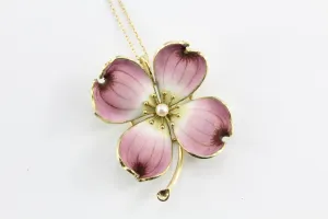 Art Nouveau 14K Gold Enamel Dogwood Flower Pendant Necklace A.J. Hedges c.1900