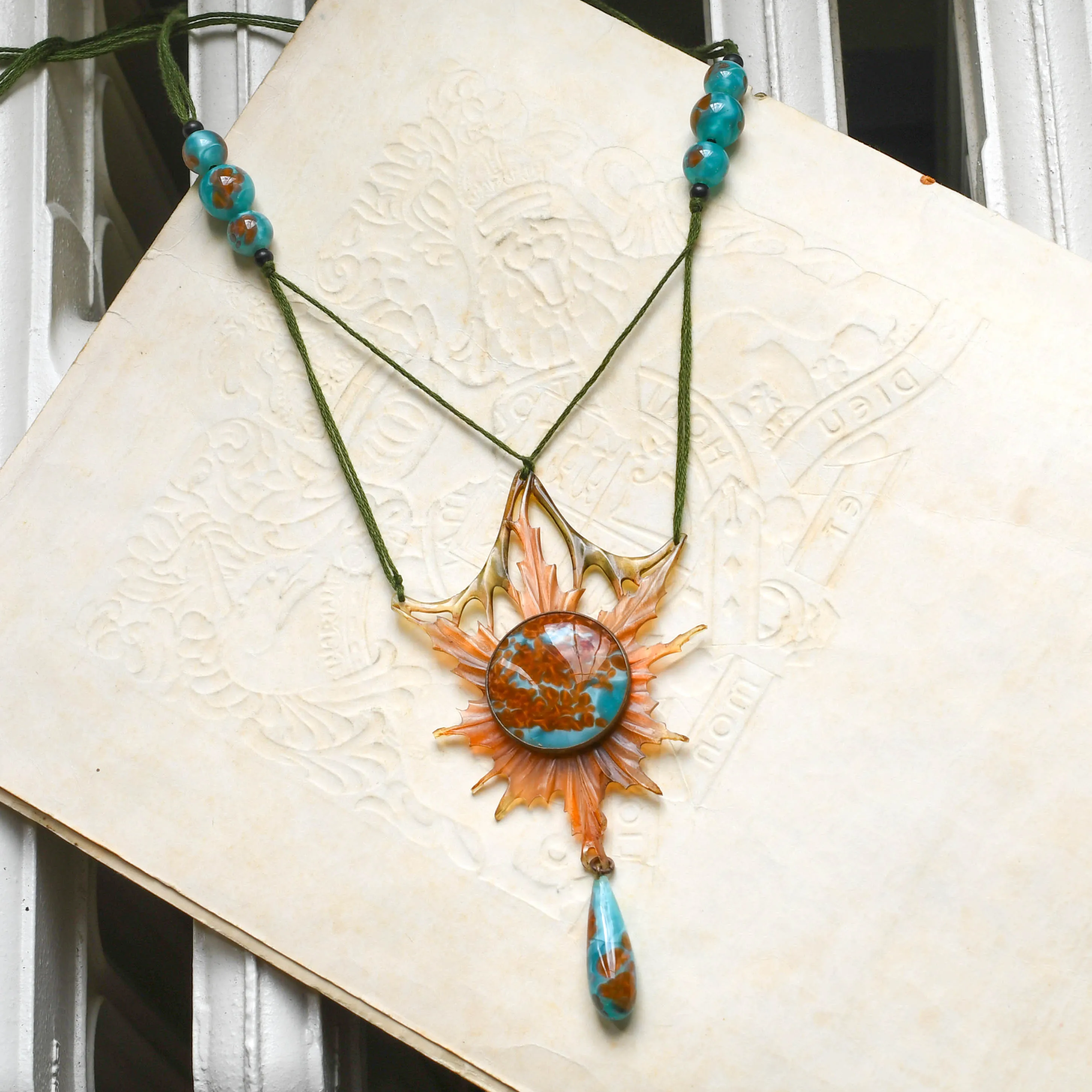 Art Nouveau Carved Horn & Art Glass Flower Necklace by Elizabeth Bonté