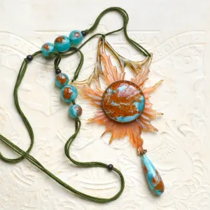 Art Nouveau Carved Horn & Art Glass Flower Necklace by Elizabeth Bonté