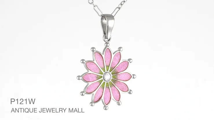 Art Nouveau Plique a Jour Enamel Flower Pendant Necklace in Sterling Silver with White Sapphire | Original Vintage Circa 1910 Design