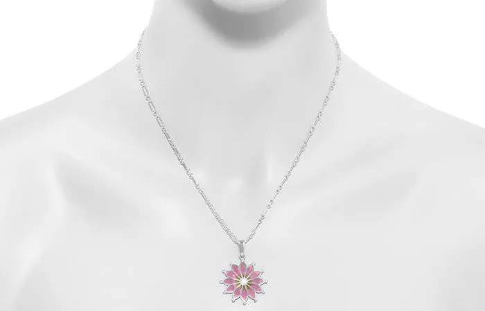 Art Nouveau Plique a Jour Enamel Flower Pendant Necklace in Sterling Silver with White Sapphire | Original Vintage Circa 1910 Design