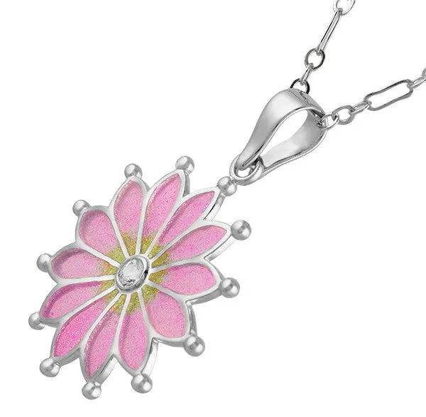 Art Nouveau Plique a Jour Enamel Flower Pendant Necklace in Sterling Silver with White Sapphire | Original Vintage Circa 1910 Design