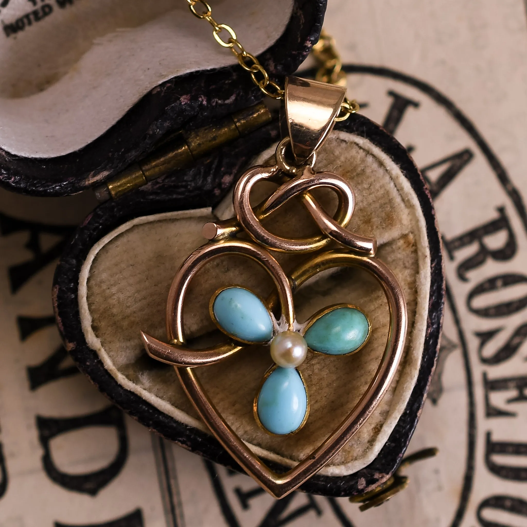 Art Nouveau Turquoise & Pearl Heart Pendant