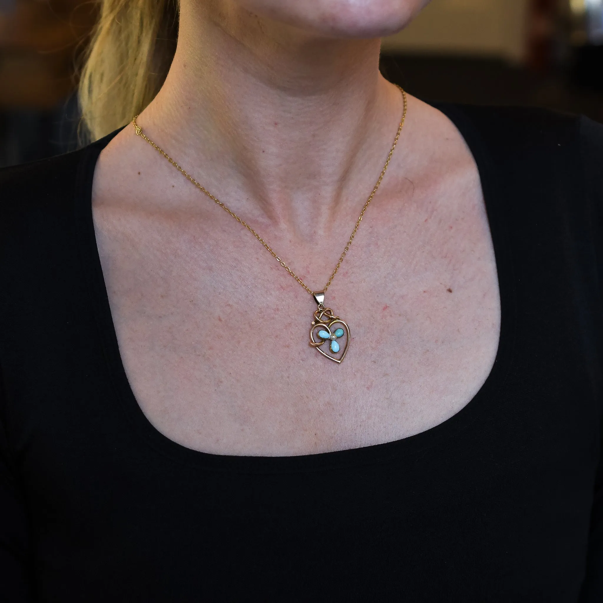 Art Nouveau Turquoise & Pearl Heart Pendant