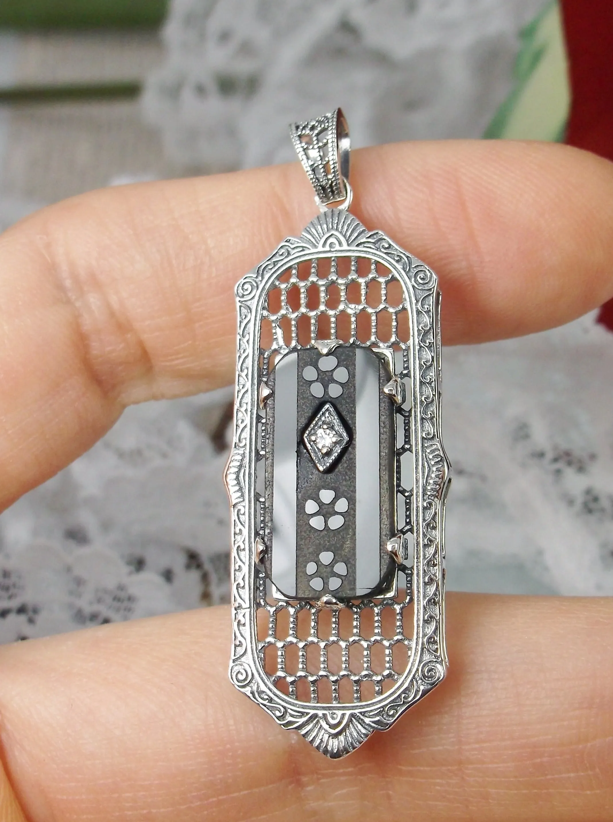 Black Camphor Glass Pendant, Art Deco 1930s Reproduction Jewelry, Baguette design P16
