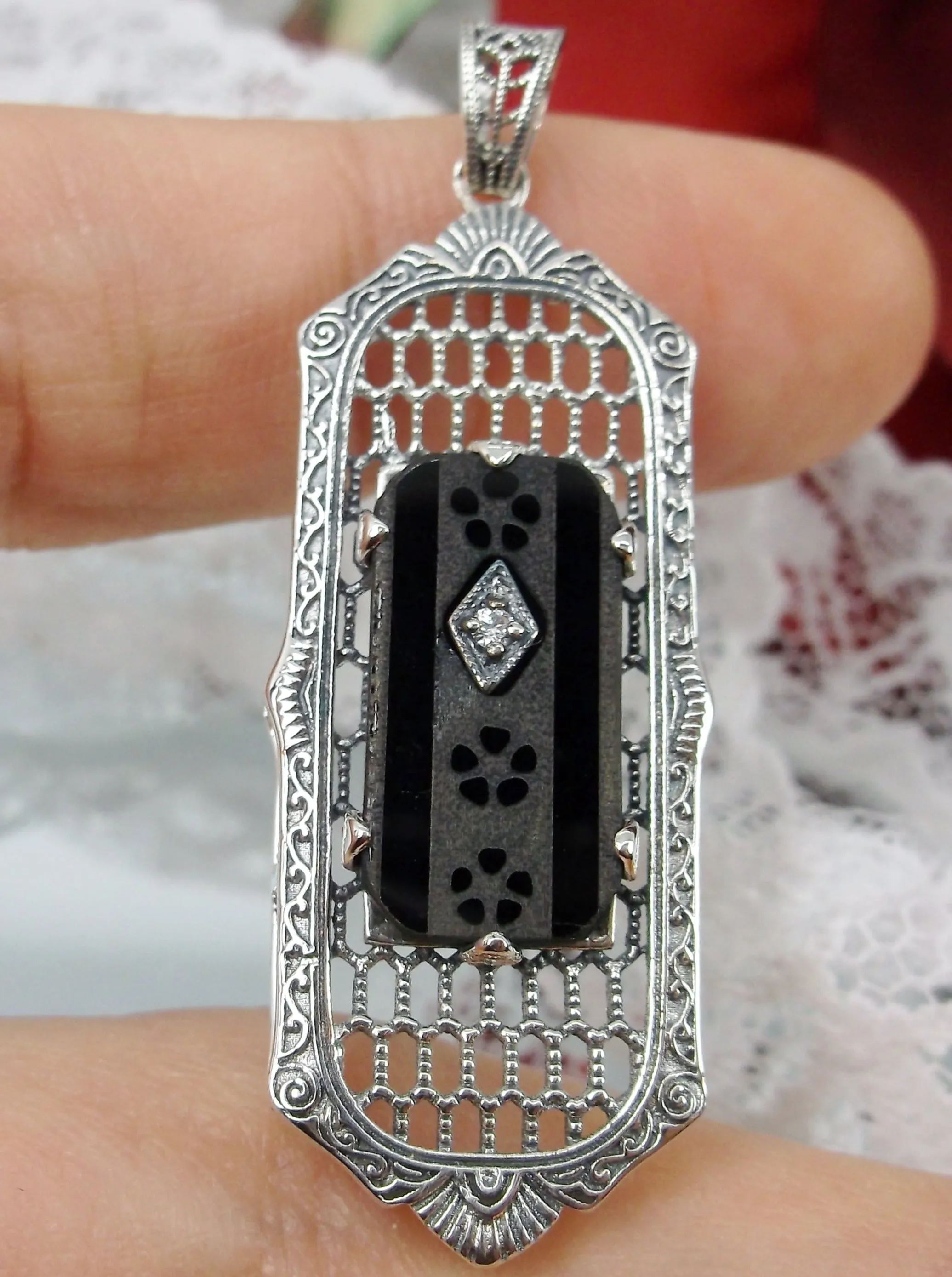 Black Camphor Glass Pendant, Art Deco 1930s Reproduction Jewelry, Baguette design P16