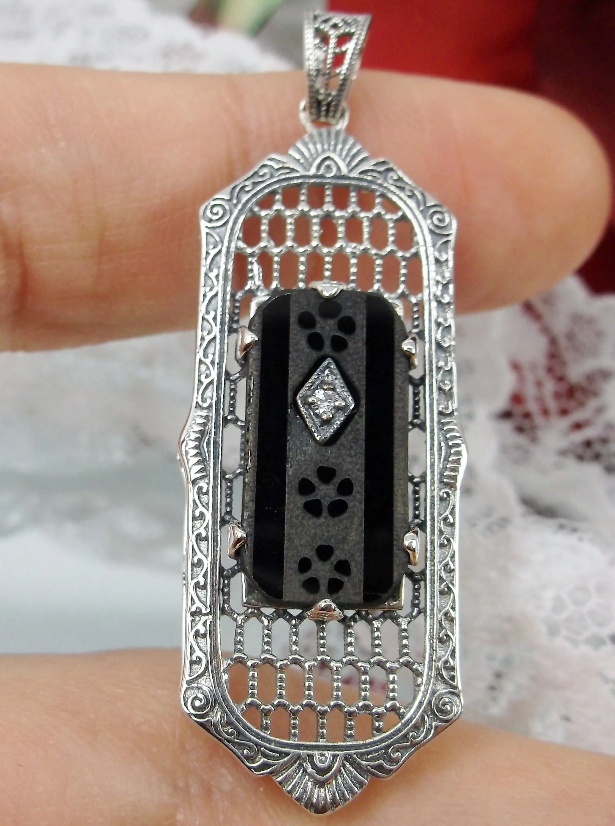 Black Camphor Glass Pendant, Art Deco 1930s Reproduction Jewelry, Baguette design P16