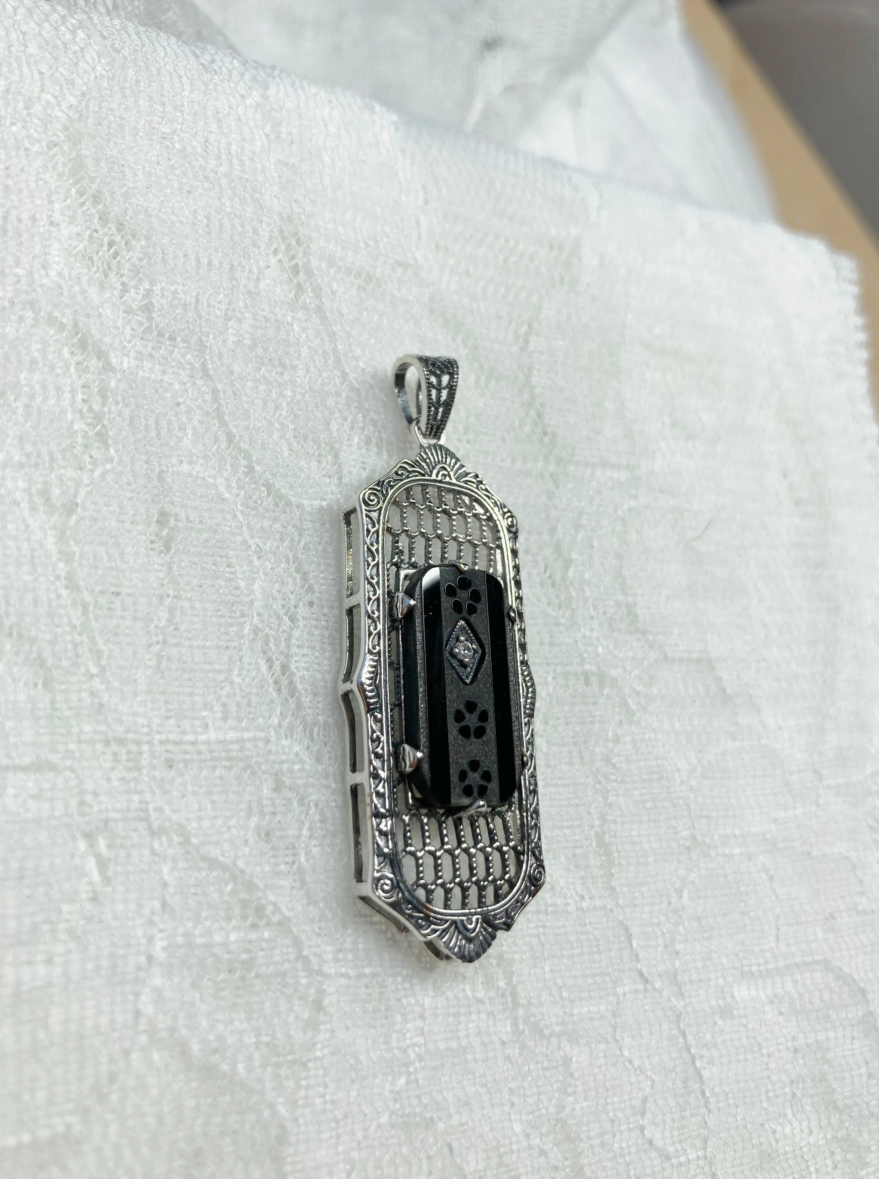 Black Camphor Glass Pendant, Art Deco 1930s Reproduction Jewelry, Baguette design P16