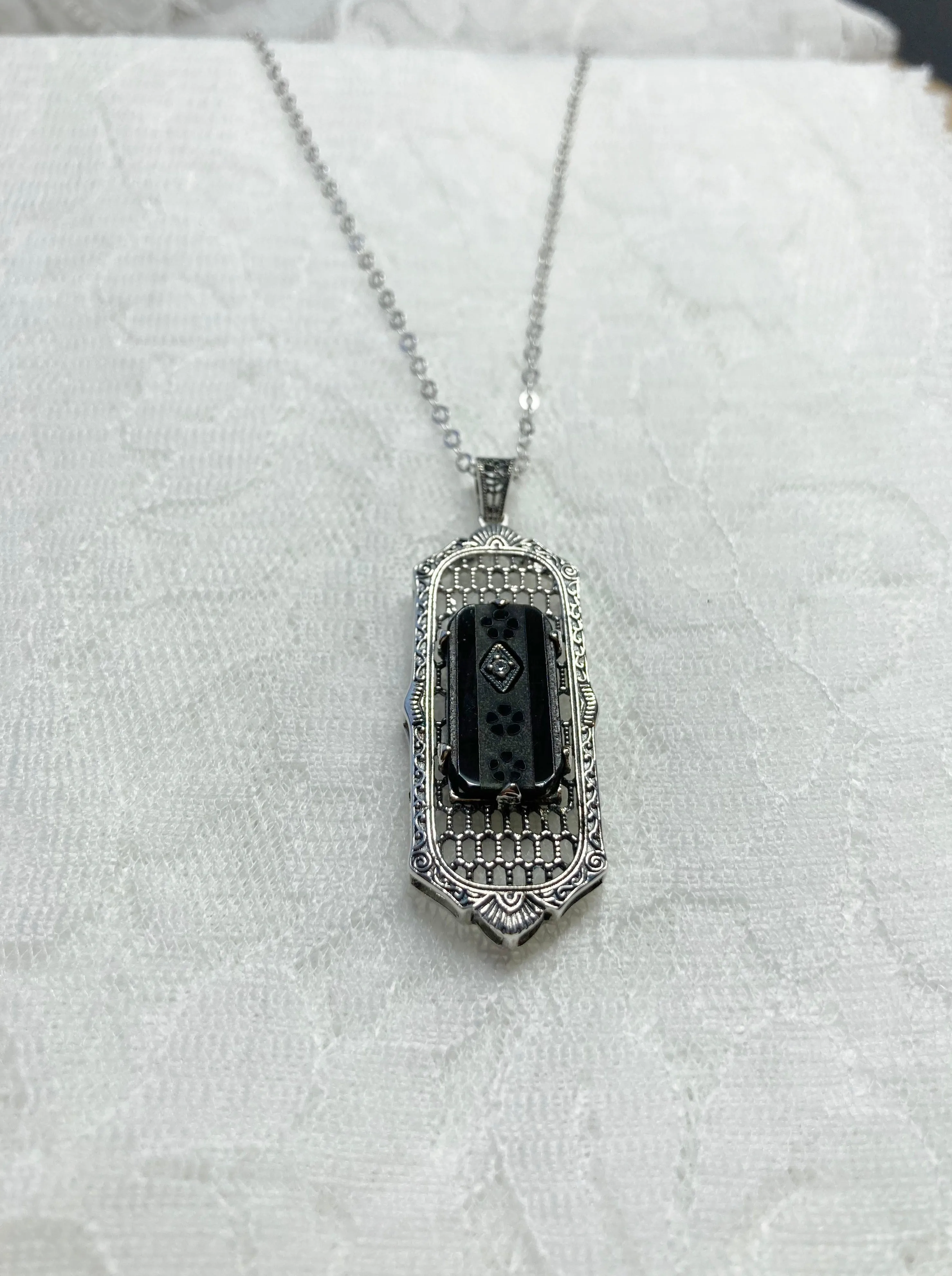 Black Camphor Glass Pendant, Art Deco 1930s Reproduction Jewelry, Baguette design P16