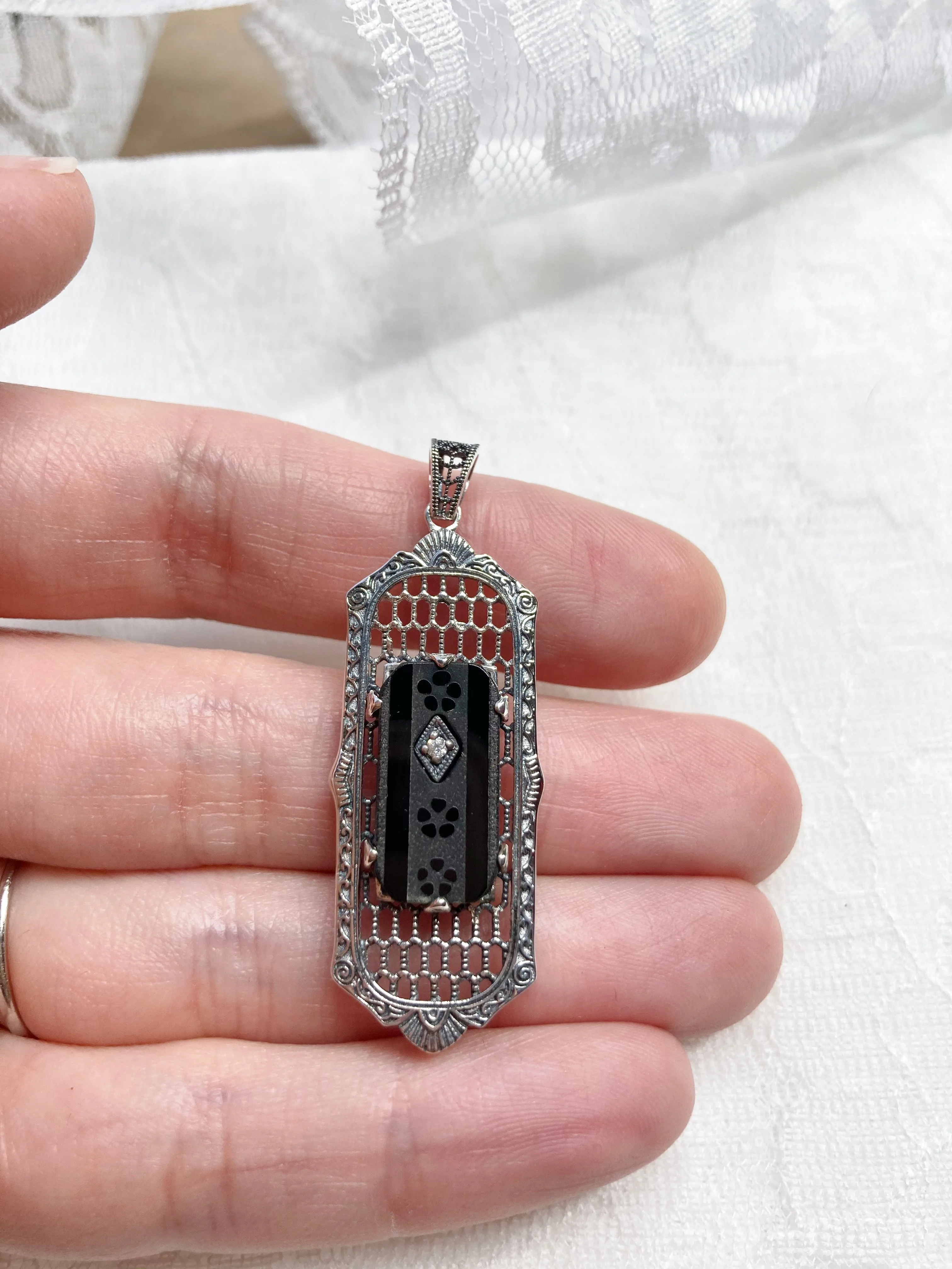 Black Camphor Glass Pendant, Art Deco 1930s Reproduction Jewelry, Baguette design P16