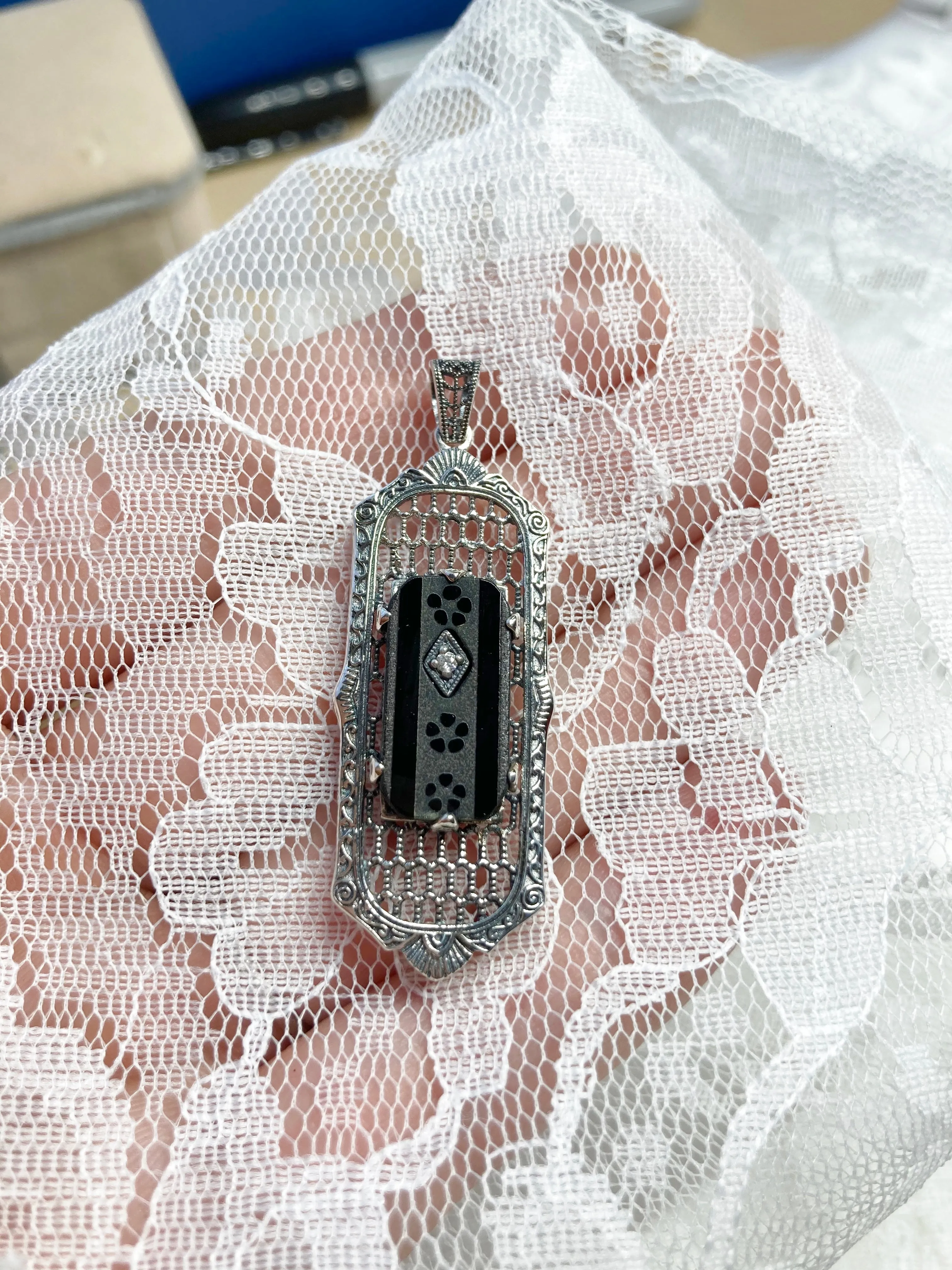 Black Camphor Glass Pendant, Art Deco 1930s Reproduction Jewelry, Baguette design P16