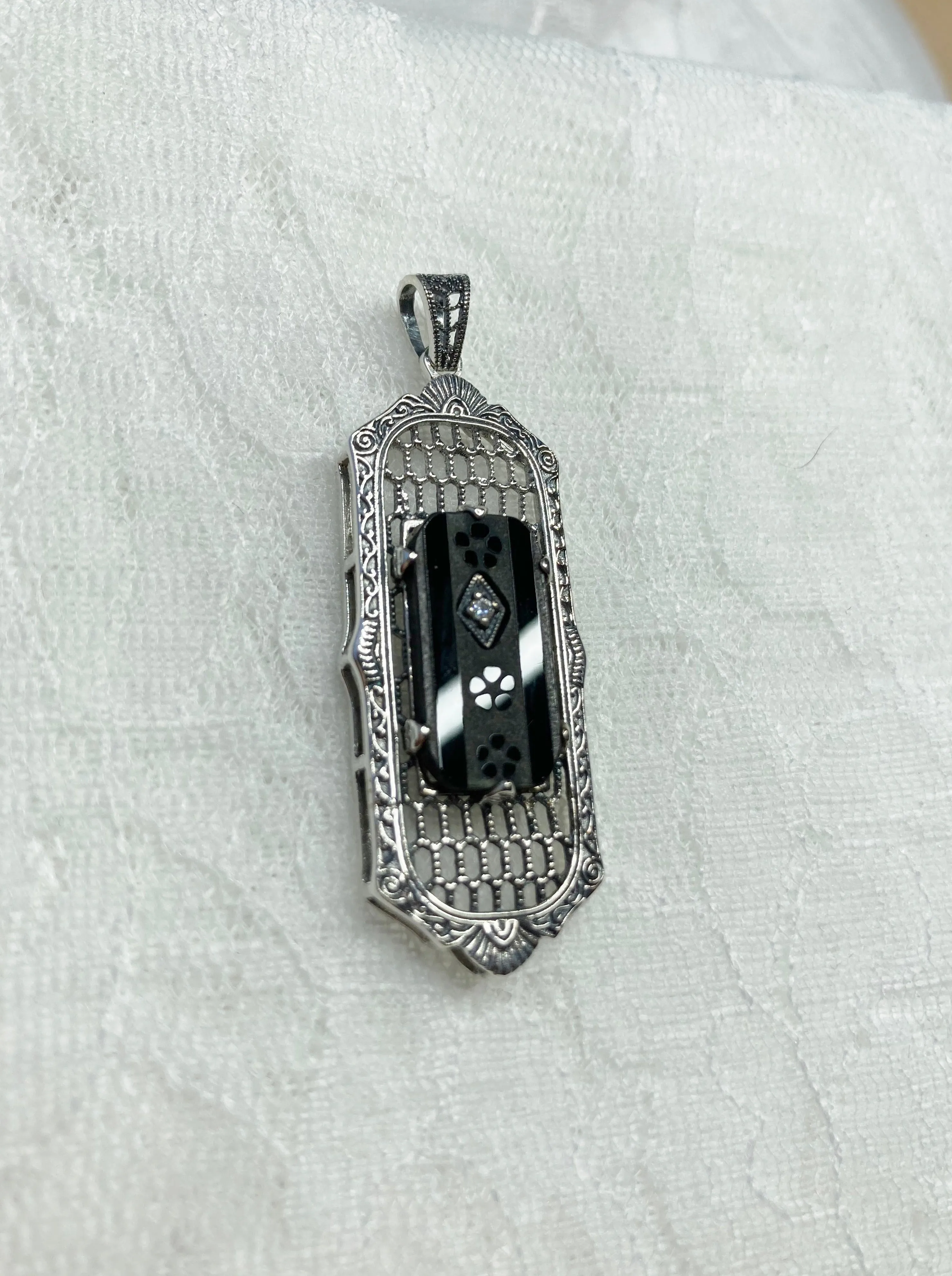 Black Camphor Glass Pendant, Art Deco 1930s Reproduction Jewelry, Baguette design P16