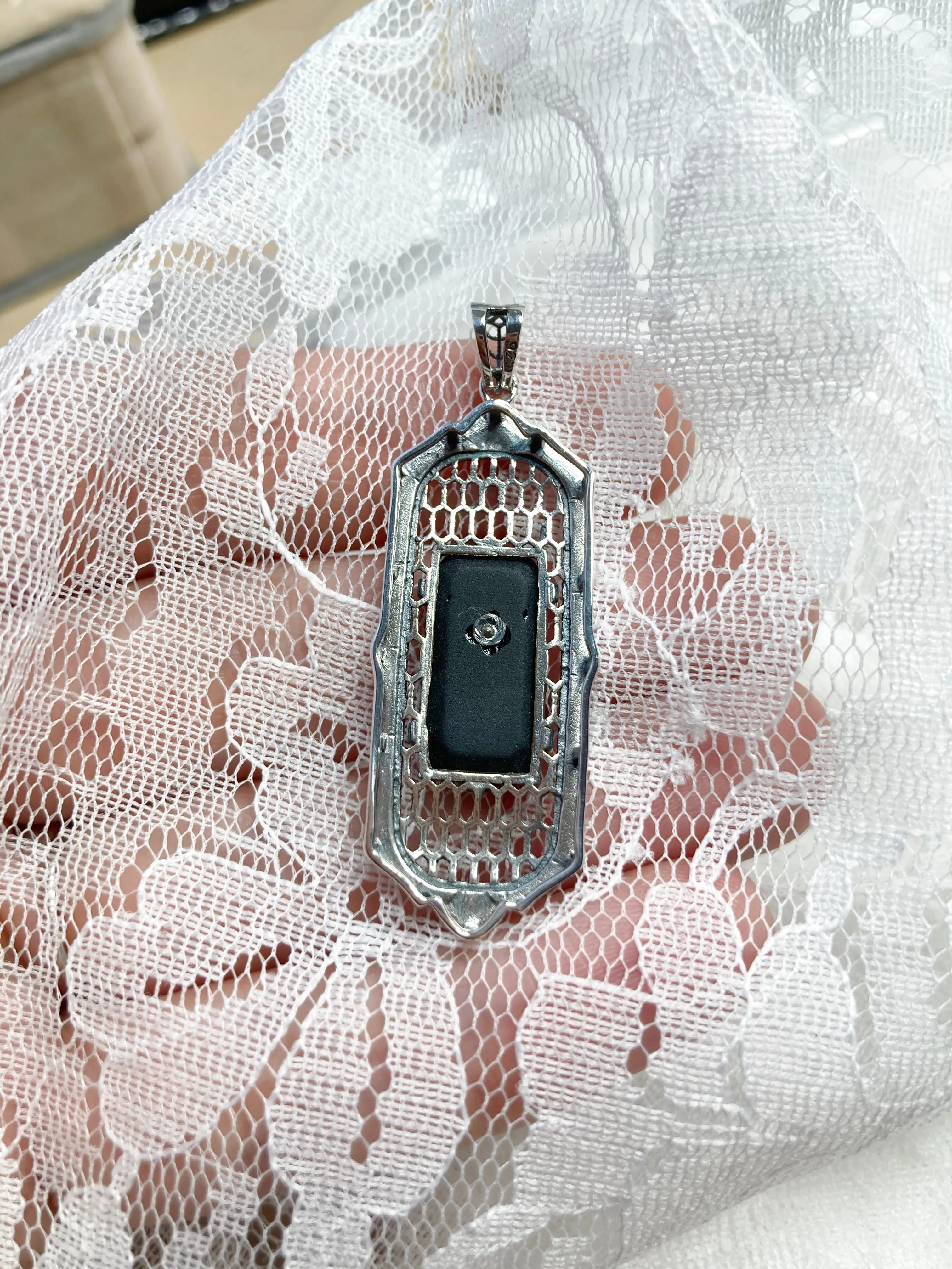 Black Camphor Glass Pendant, Art Deco 1930s Reproduction Jewelry, Baguette design P16