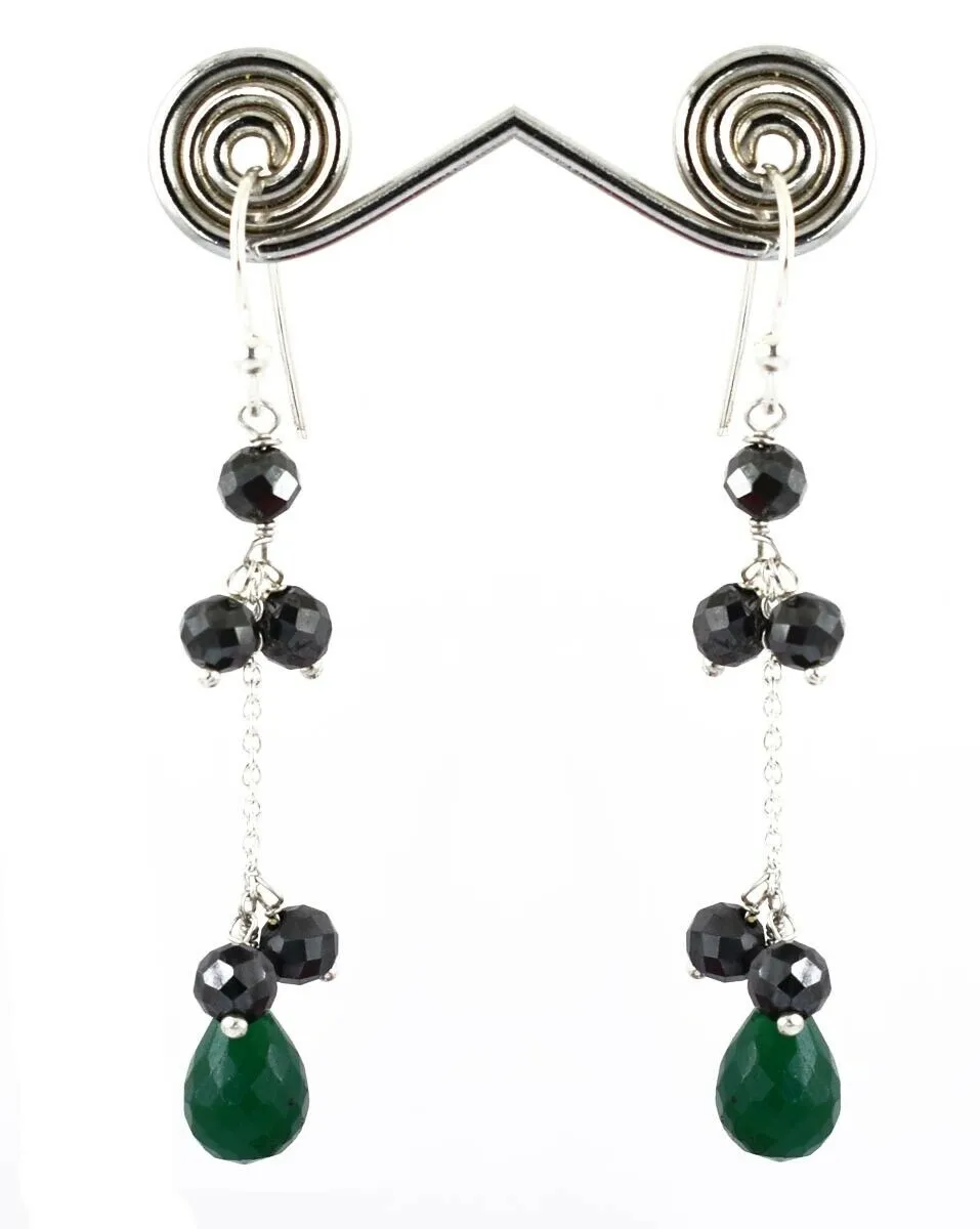 Black Diamond with Emerald Gemstone Chain Earrings In 925 Silver, Chain Style- Ideal Gift for Anniversary, Birthday