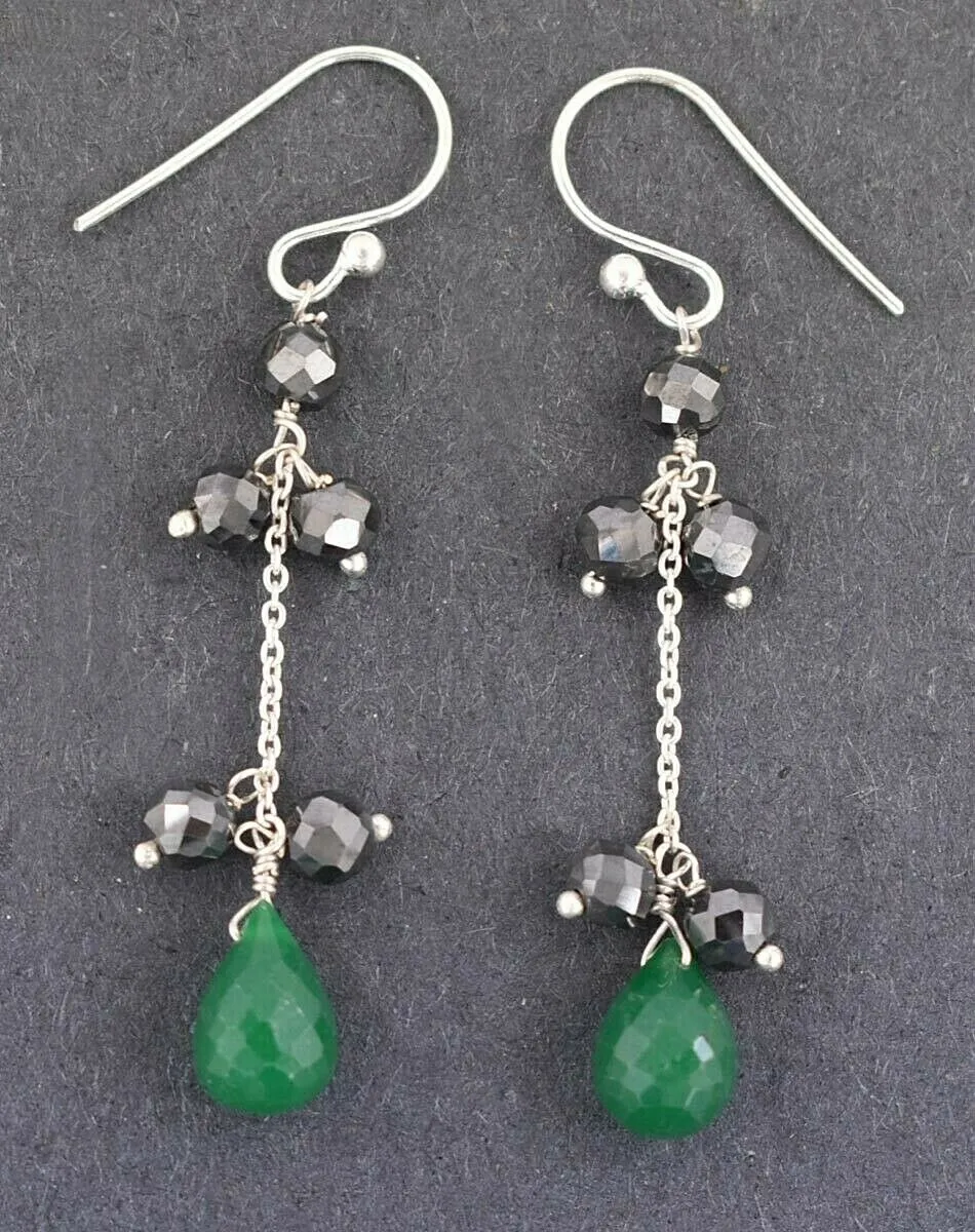 Black Diamond with Emerald Gemstone Chain Earrings In 925 Silver, Chain Style- Ideal Gift for Anniversary, Birthday