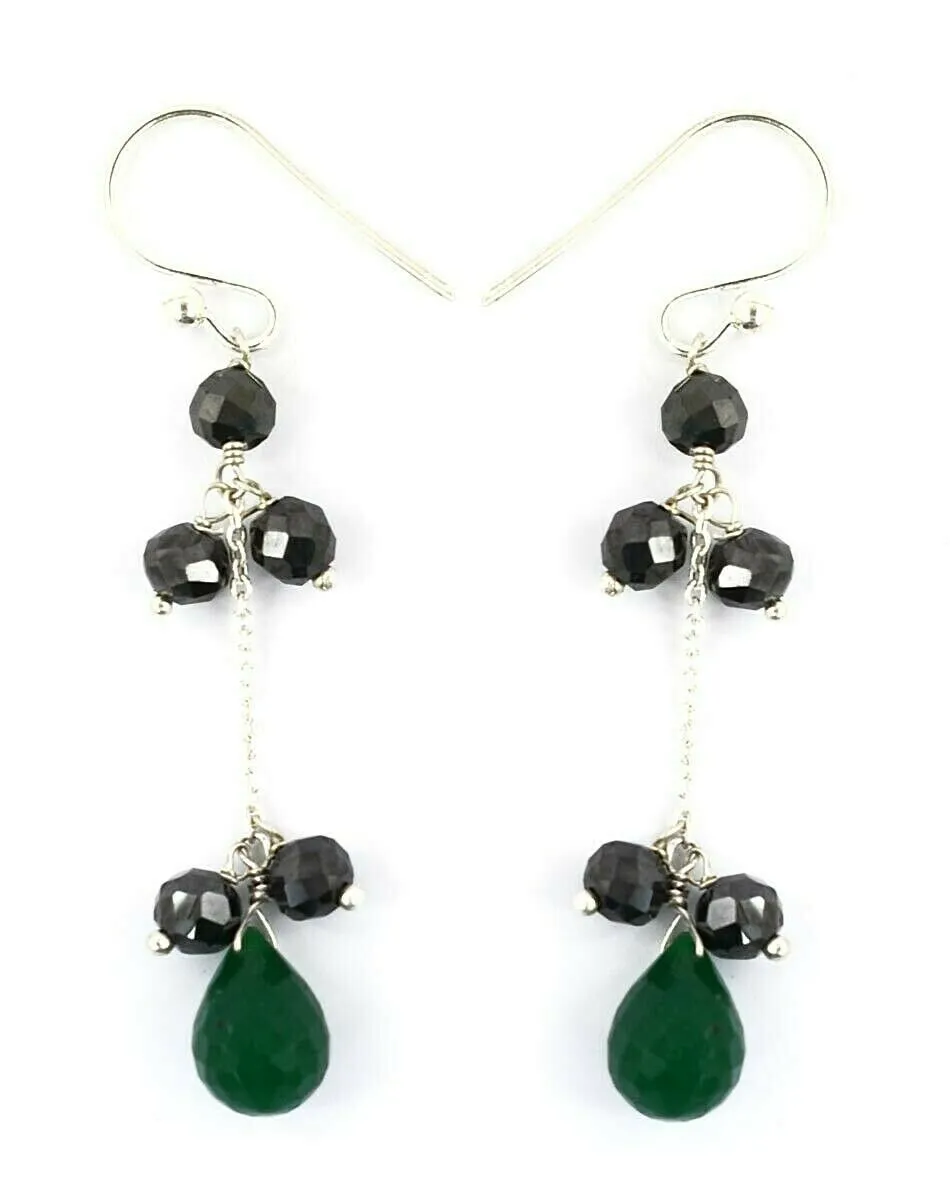 Black Diamond with Emerald Gemstone Chain Earrings In 925 Silver, Chain Style- Ideal Gift for Anniversary, Birthday