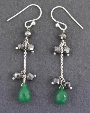 Black Diamond with Emerald Gemstone Chain Earrings In 925 Silver, Chain Style- Ideal Gift for Anniversary, Birthday
