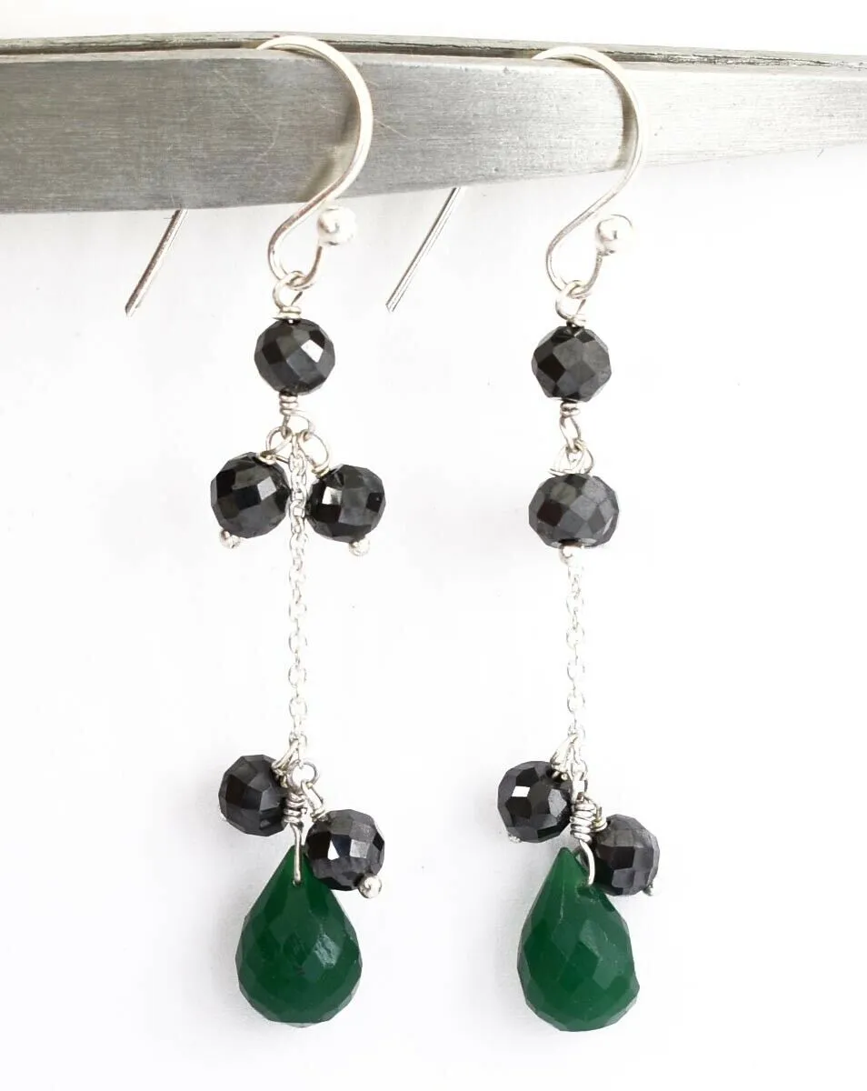 Black Diamond with Emerald Gemstone Chain Earrings In 925 Silver, Chain Style- Ideal Gift for Anniversary, Birthday