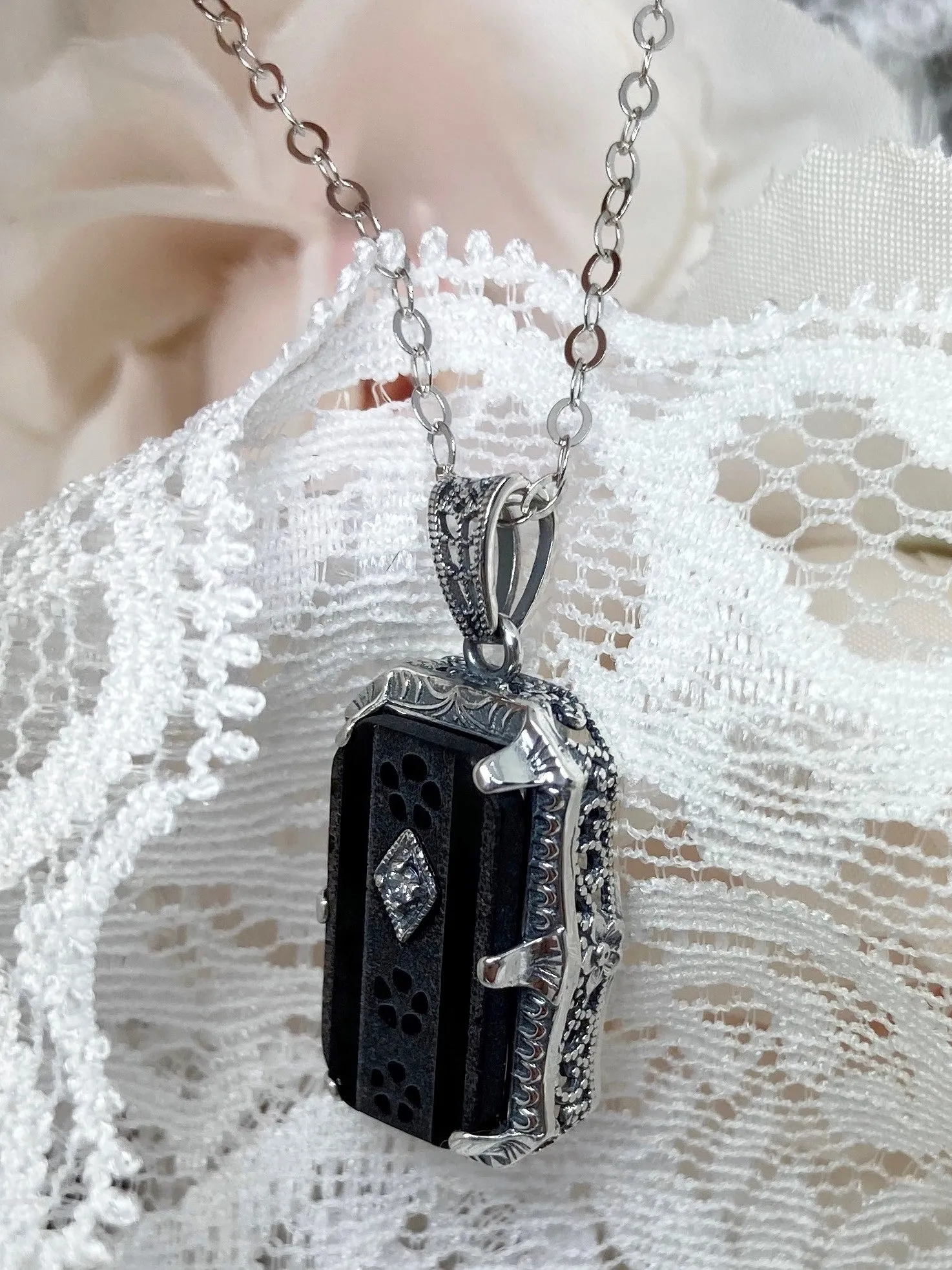 Black Pendant, Camphor Glass Necklace, Art Deco Jewelry #P232