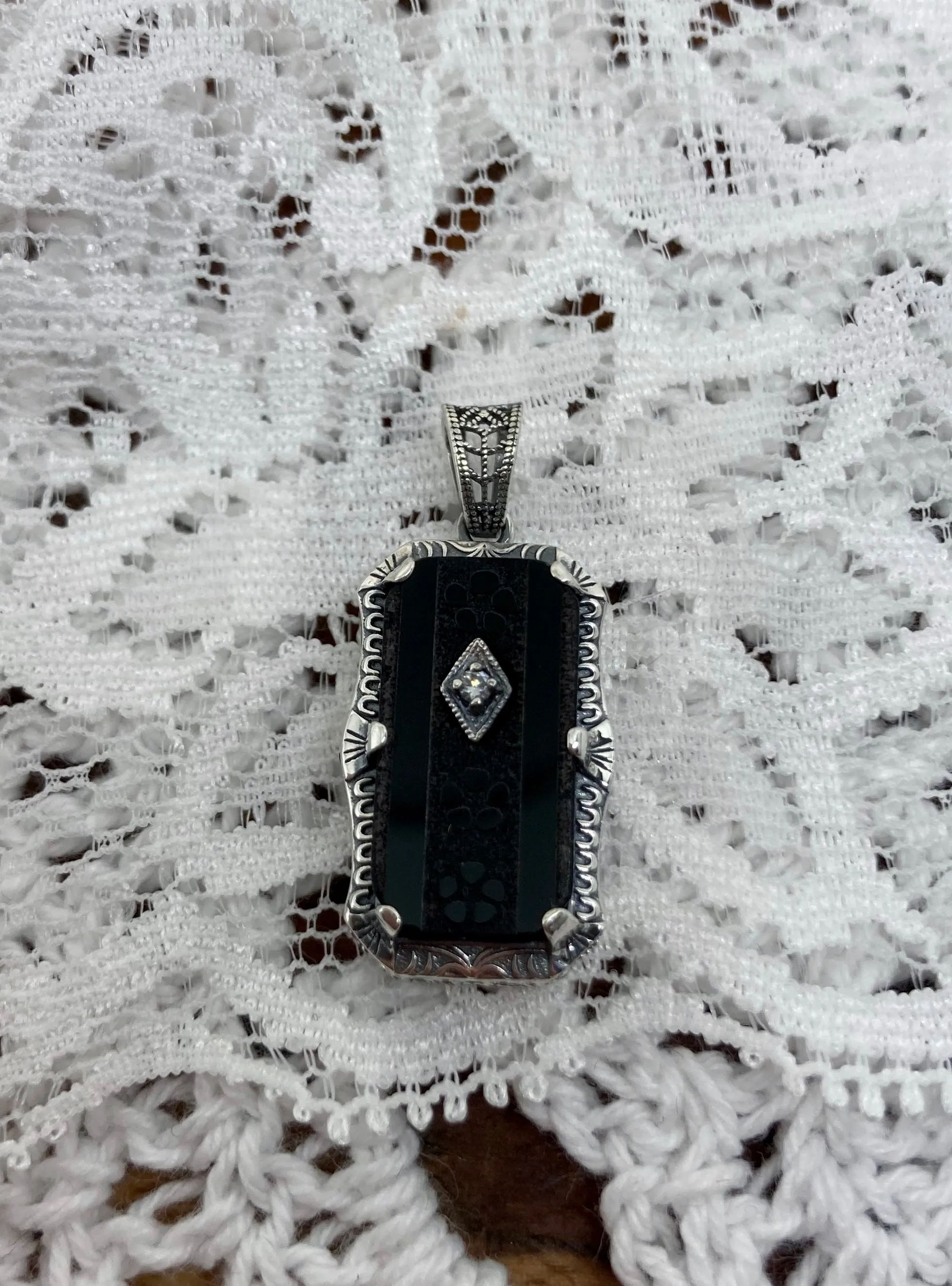 Black Pendant, Camphor Glass Necklace, Art Deco Jewelry #P232