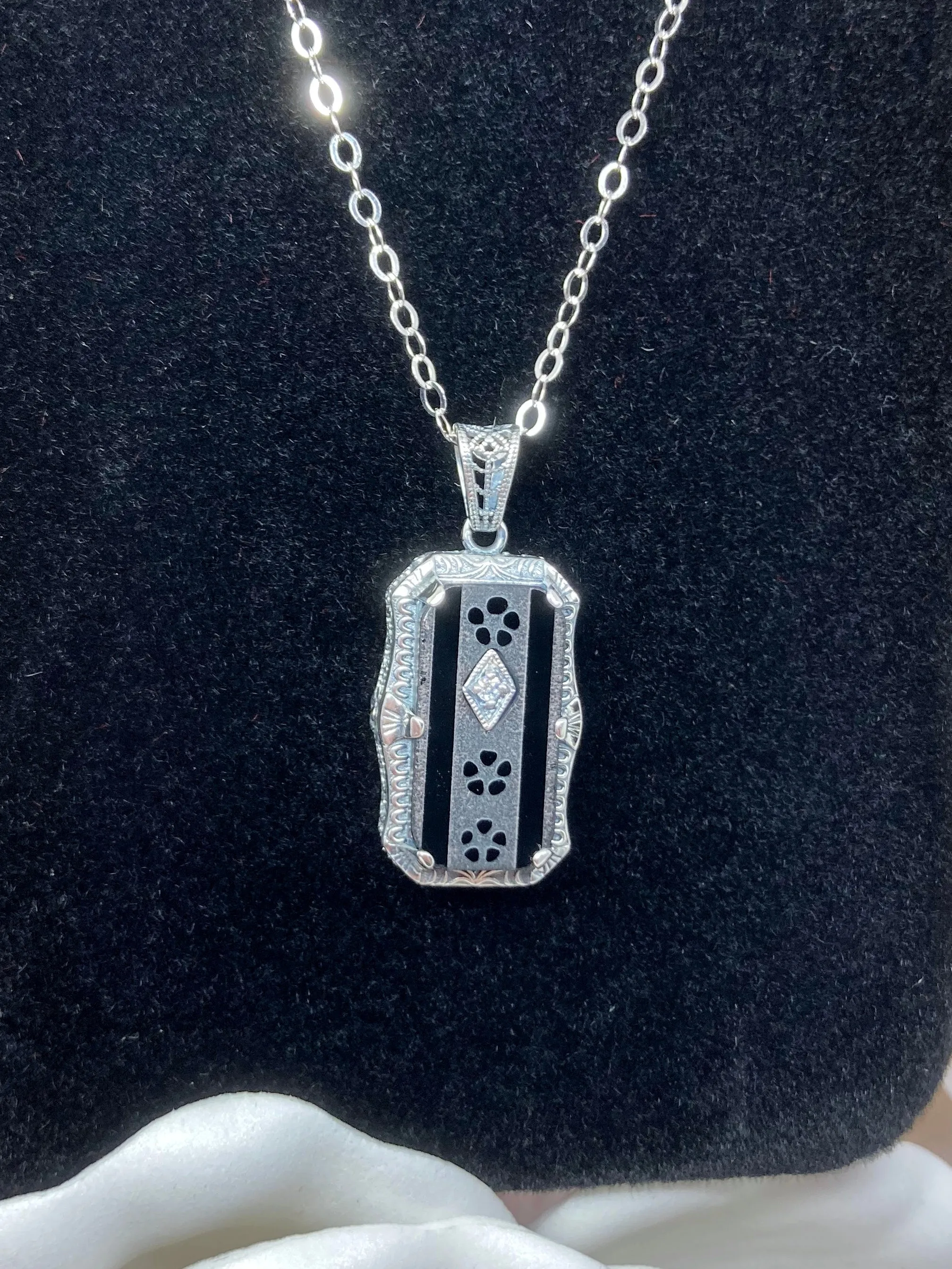 Black Pendant, Camphor Glass Necklace, Art Deco Jewelry #P232