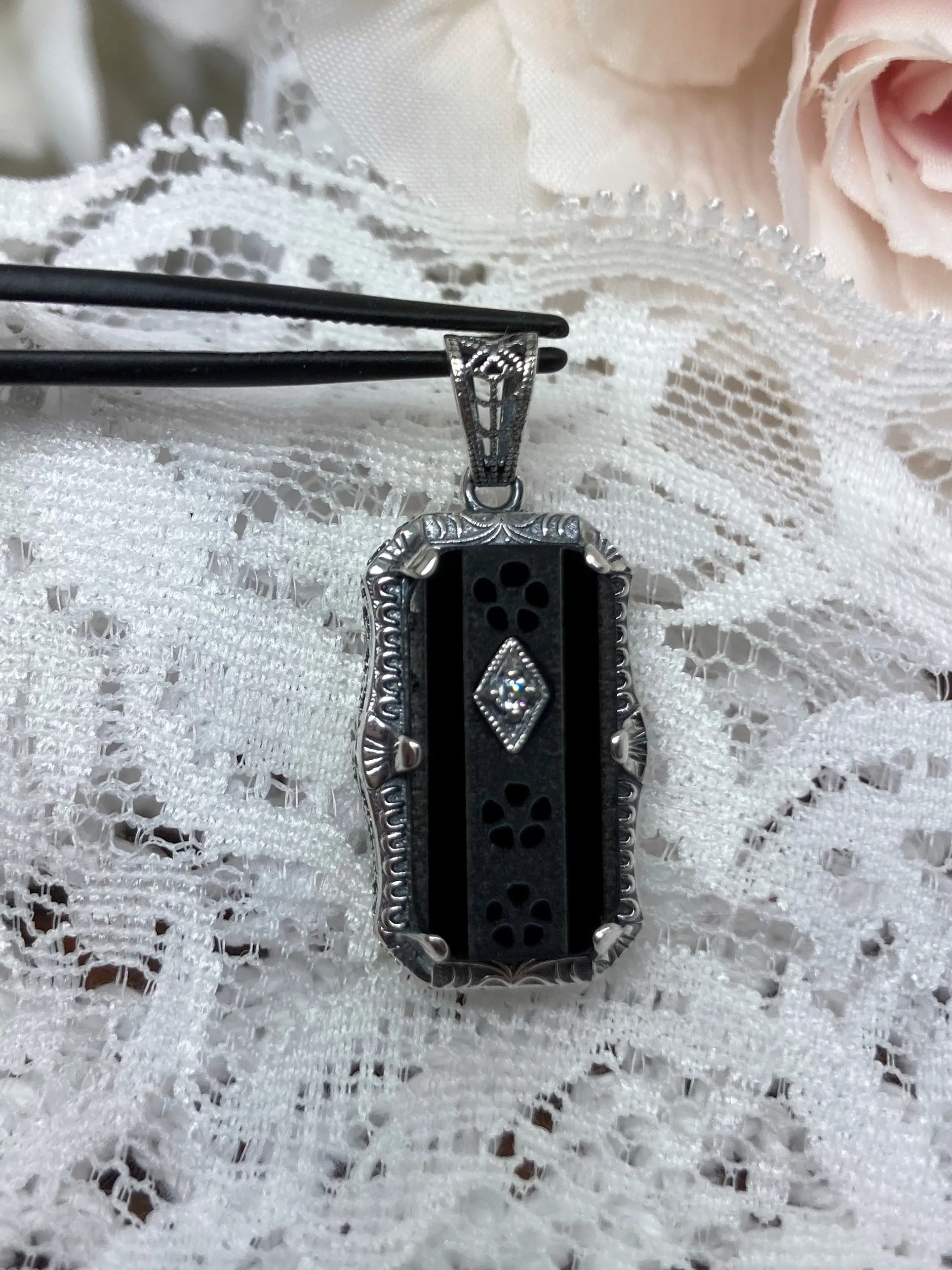 Black Pendant, Camphor Glass Necklace, Art Deco Jewelry #P232