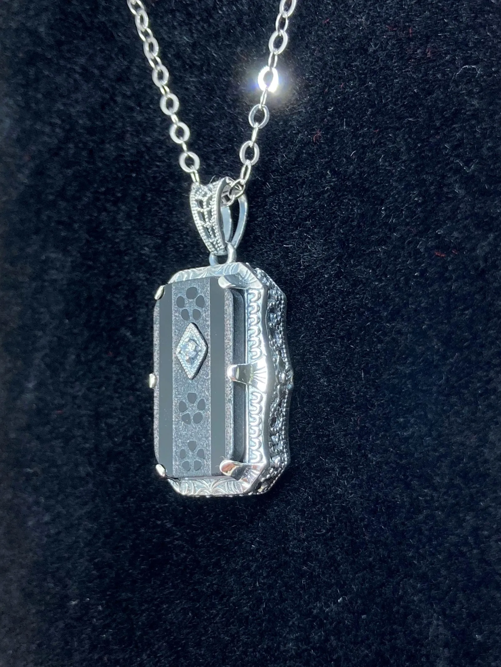 Black Pendant, Camphor Glass Necklace, Art Deco Jewelry #P232
