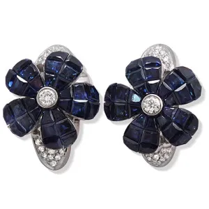 Blue Sapphire & Diamond Floral Earrings, 18k White Gold
