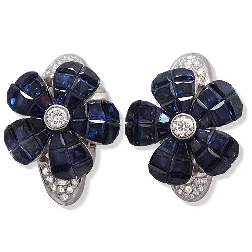 Blue Sapphire & Diamond Floral Earrings, 18k White Gold