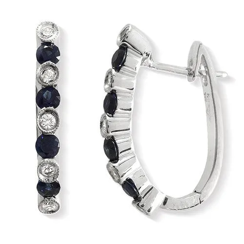 Blue Sapphire & Round Diamond Huggie Earrings, 18k