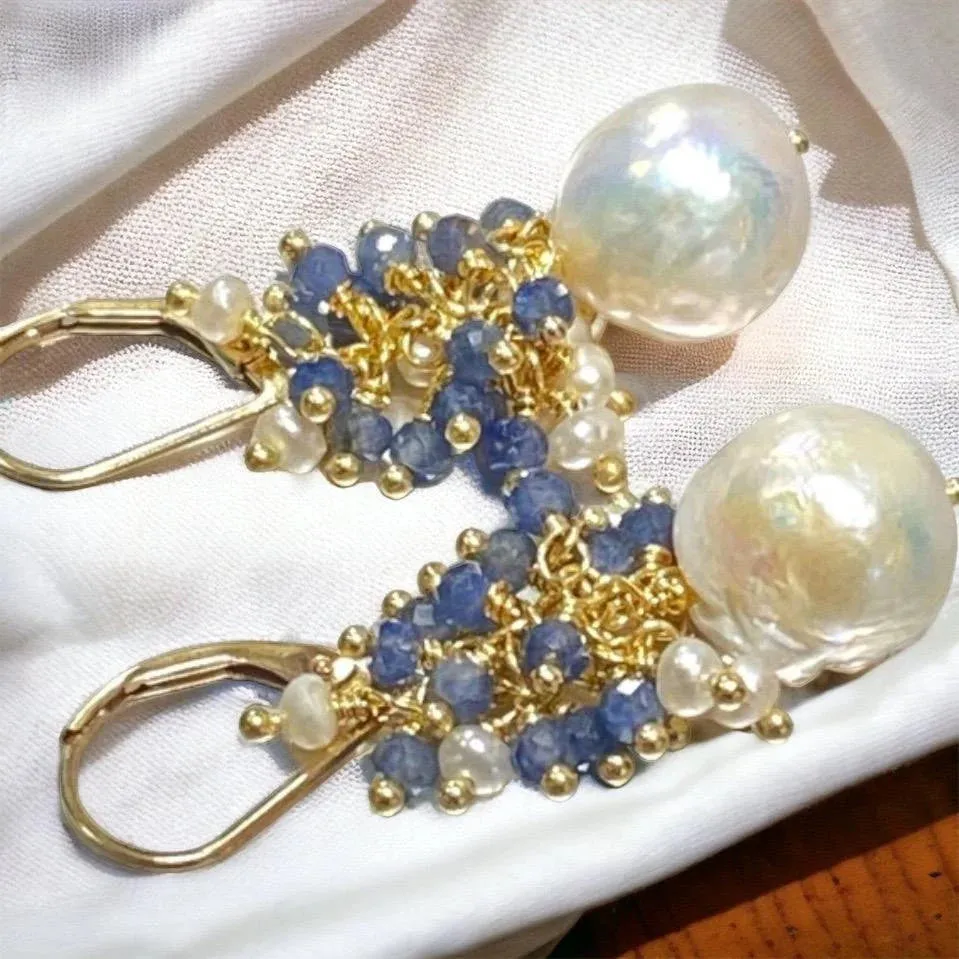 Blue Sapphire and Pearl Cluster Earrings Gold Fill