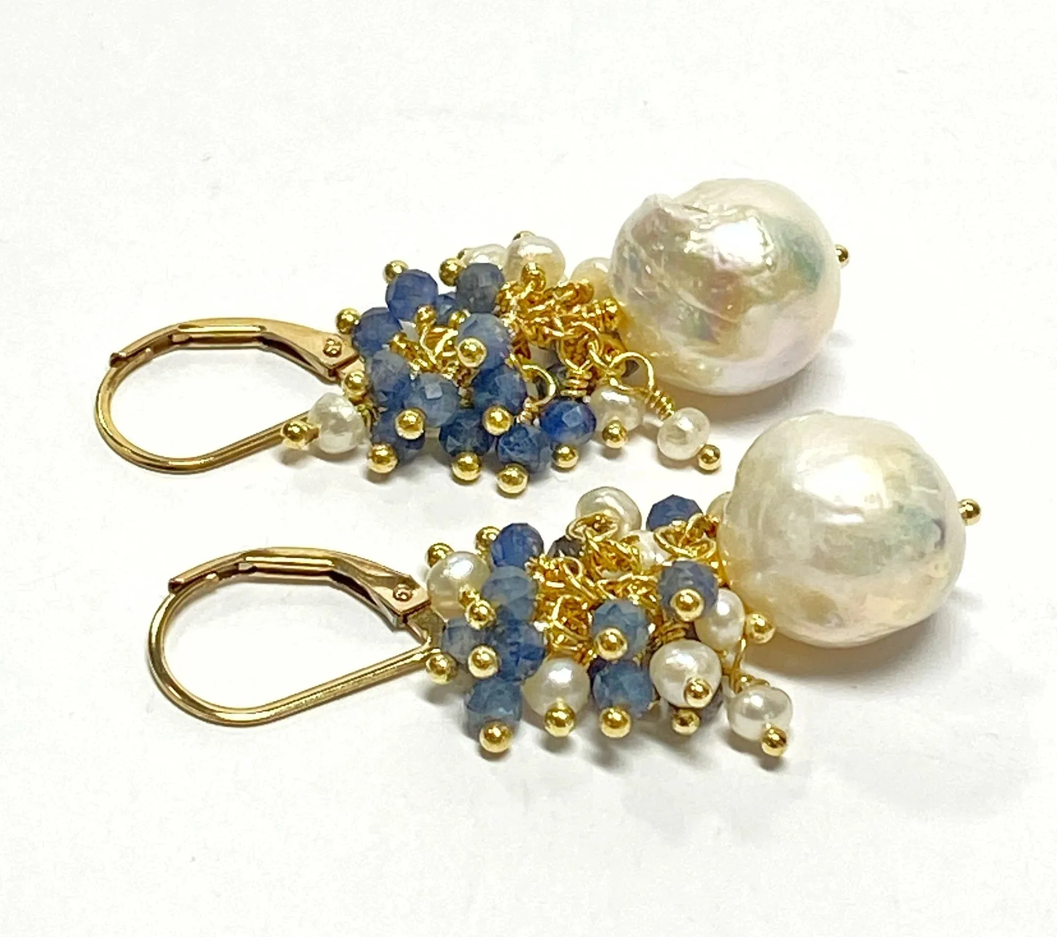 Blue Sapphire and Pearl Cluster Earrings Gold Fill