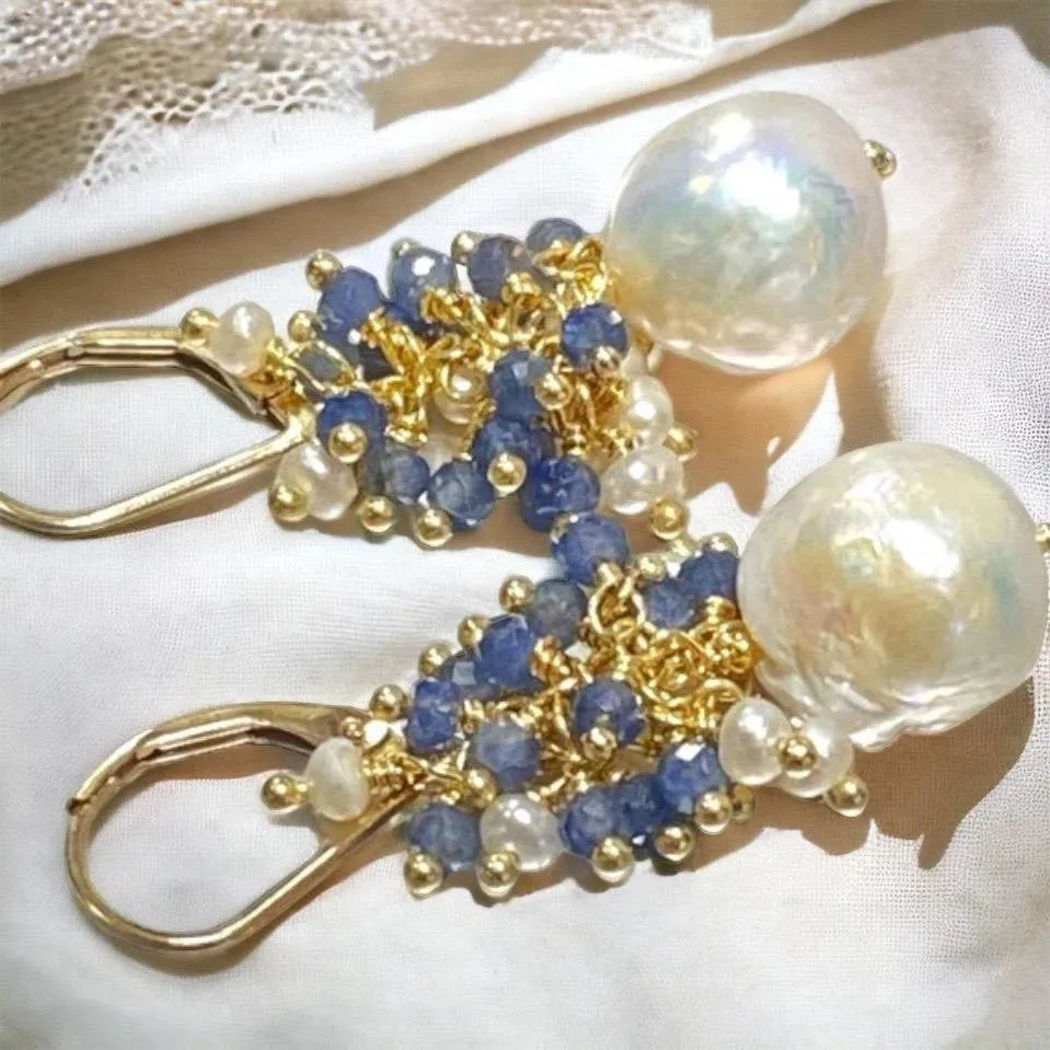 Blue Sapphire and Pearl Cluster Earrings Gold Fill