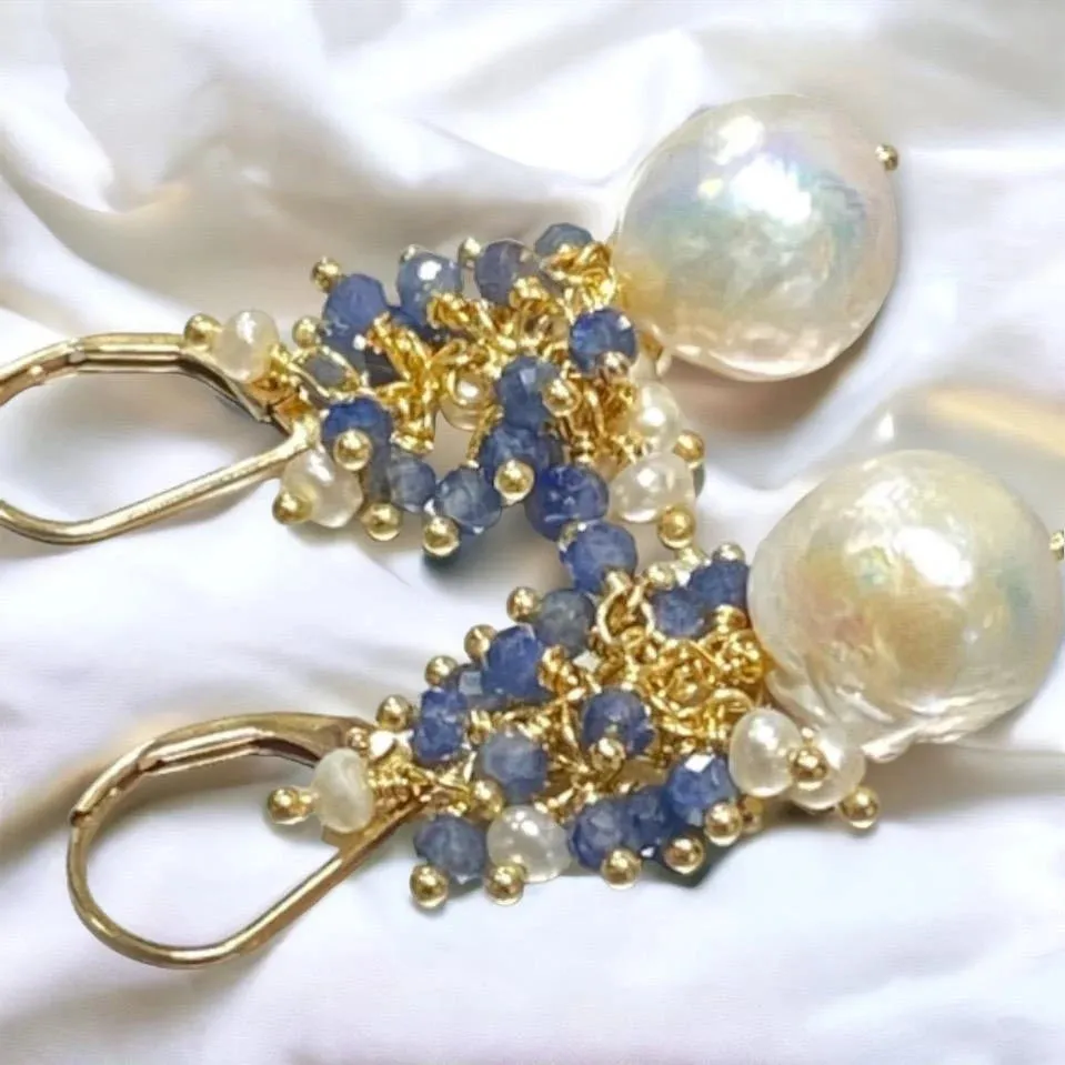Blue Sapphire and Pearl Cluster Earrings Gold Fill