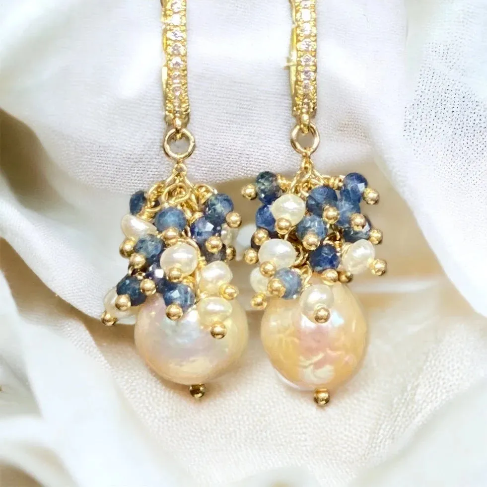 Blue Sapphire and Pearl Cluster Earrings Gold Fill
