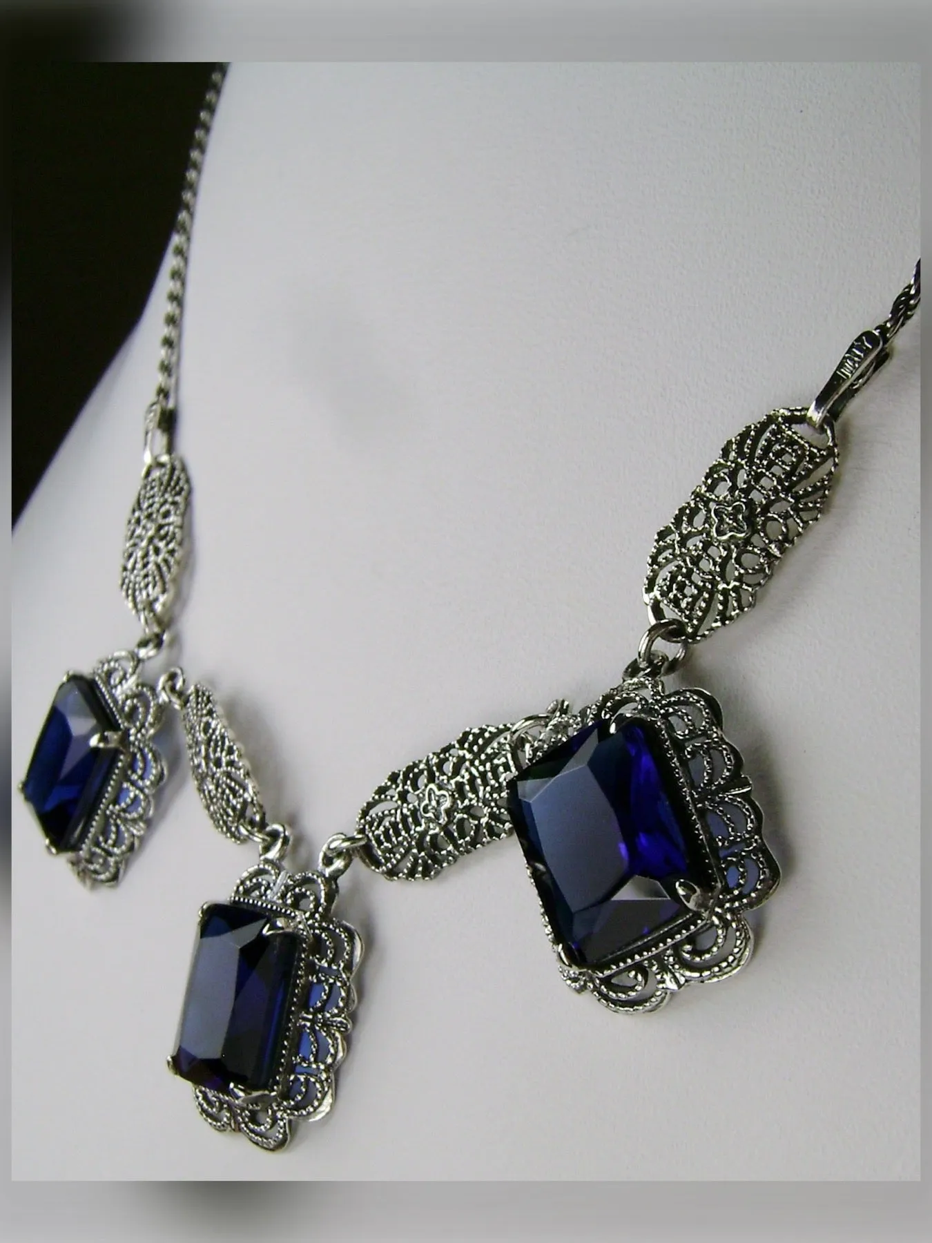 Blue Sapphire Festoon Necklace, Triple Gem Necklace Vintage Jewelry, P8
