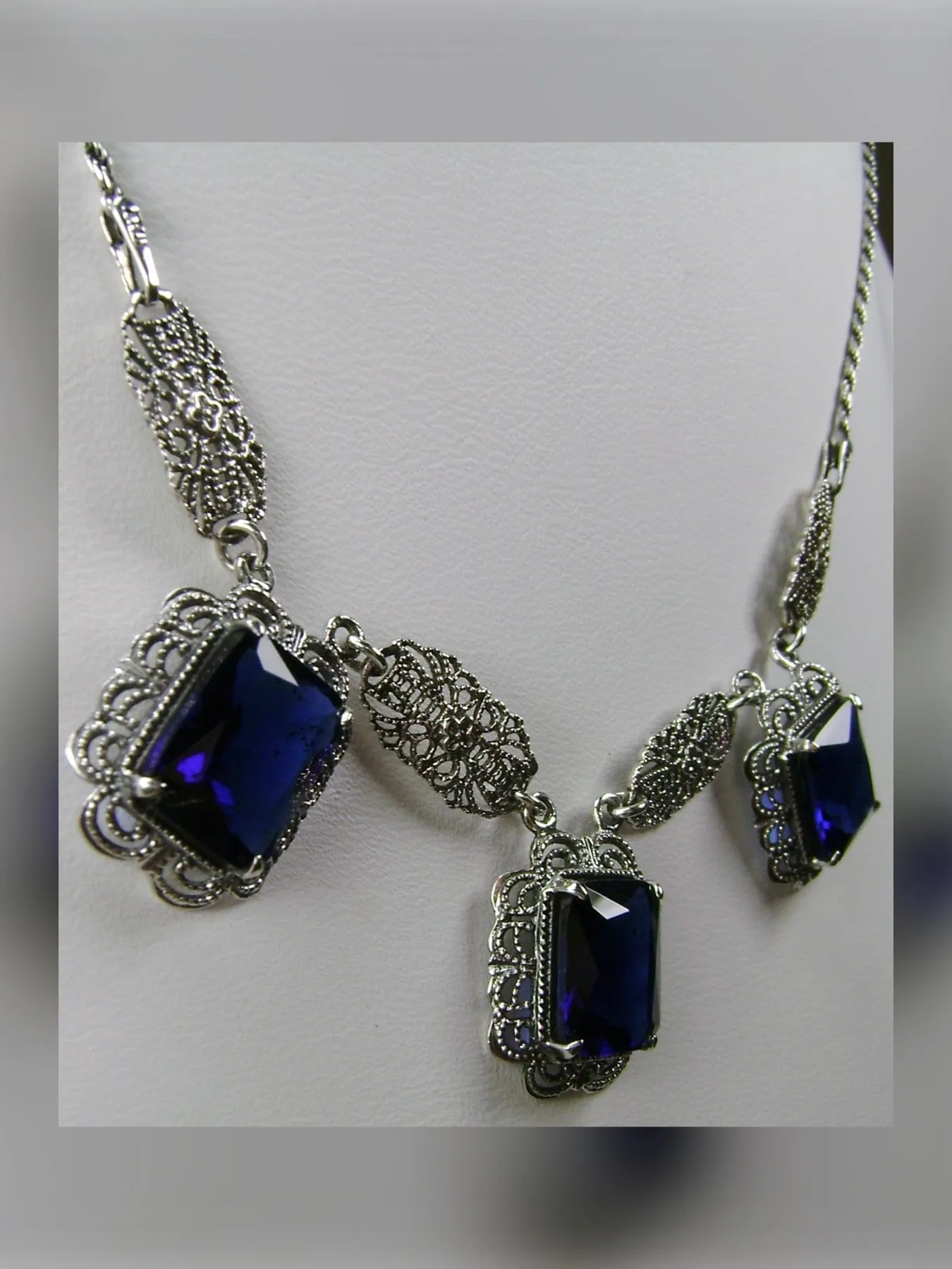 Blue Sapphire Festoon Necklace, Triple Gem Necklace Vintage Jewelry, P8