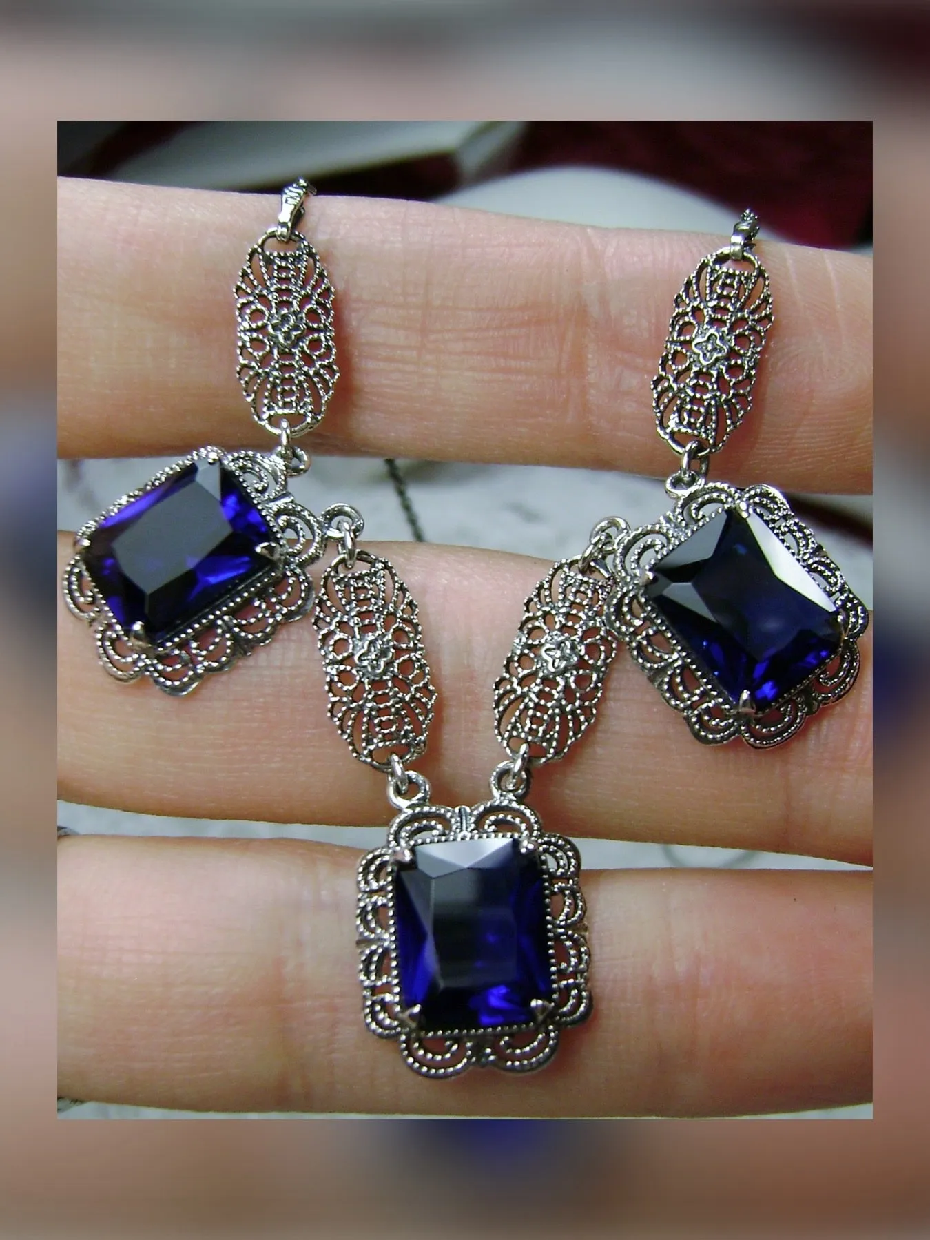 Blue Sapphire Festoon Necklace, Triple Gem Necklace Vintage Jewelry, P8