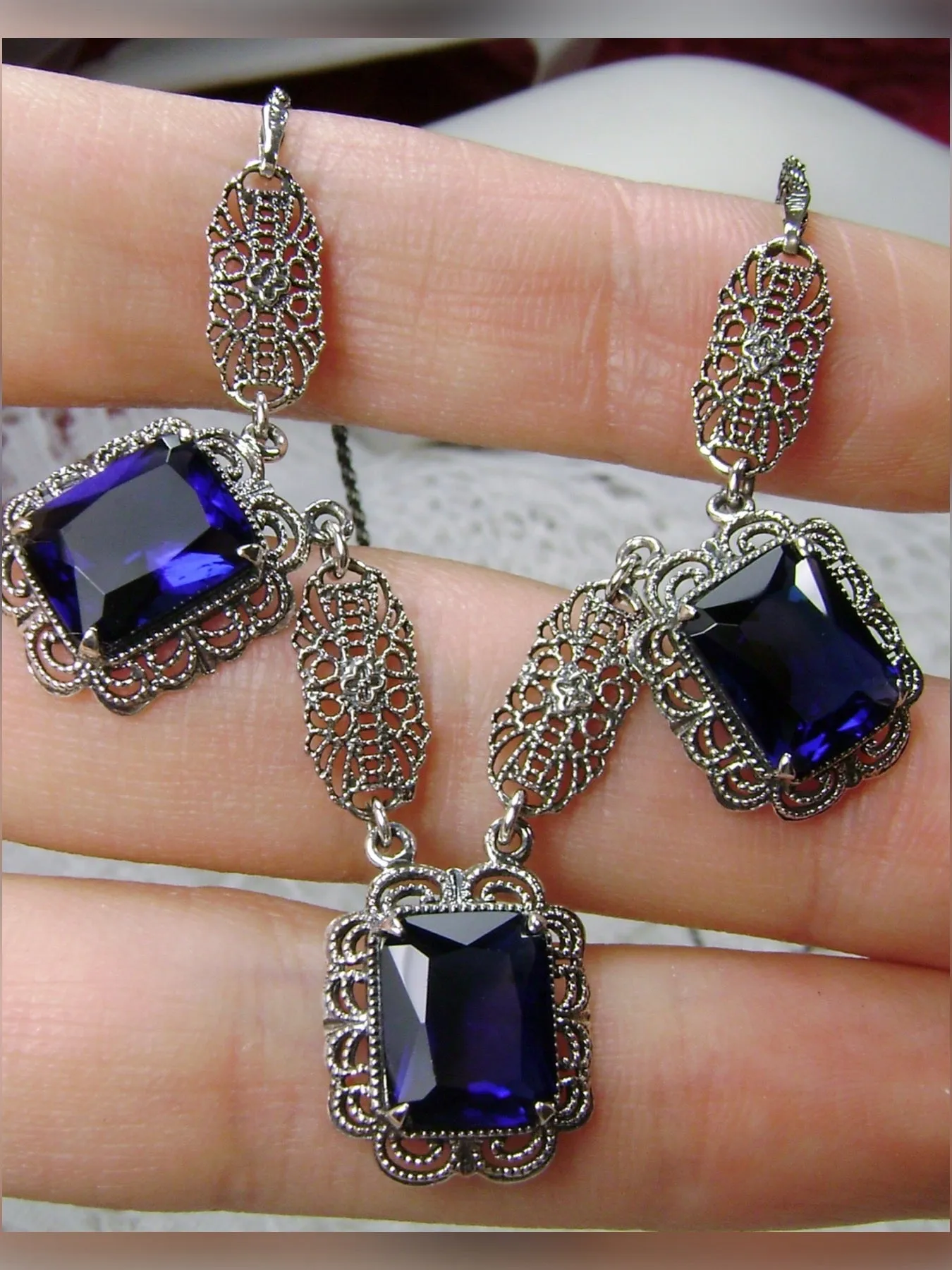 Blue Sapphire Festoon Necklace, Triple Gem Necklace Vintage Jewelry, P8