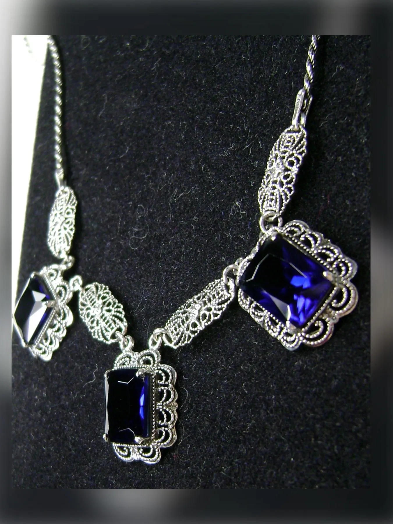 Blue Sapphire Festoon Necklace, Triple Gem Necklace Vintage Jewelry, P8