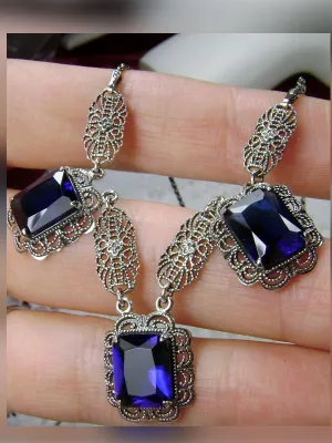 Blue Sapphire Festoon Necklace, Triple Gem Necklace Vintage Jewelry, P8