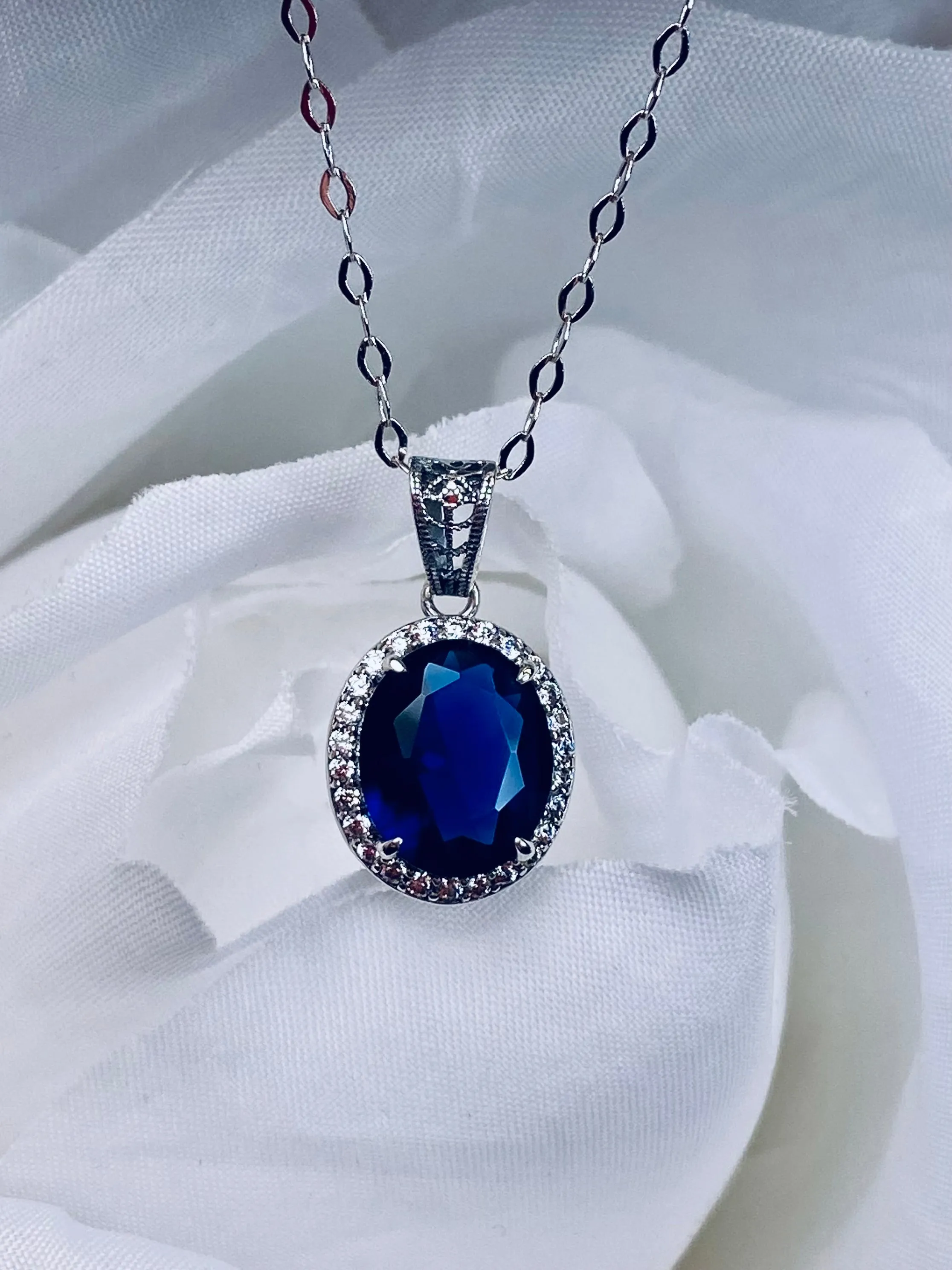 Blue Sapphire Halo Pendant, Art Deco Jewelry, P228