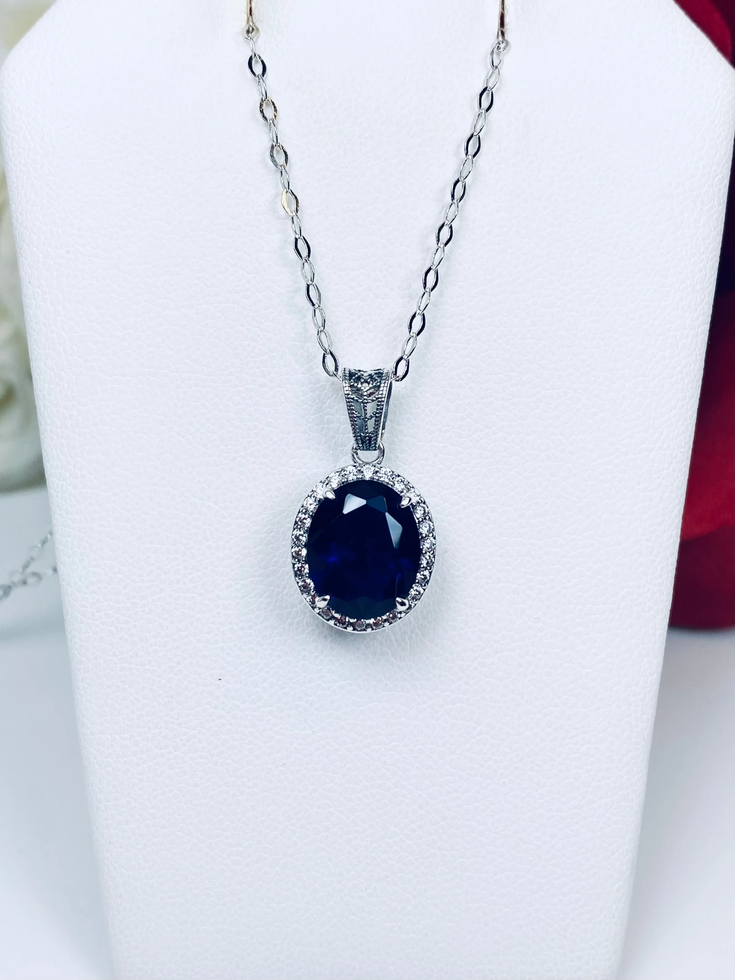 Blue Sapphire Halo Pendant, Art Deco Jewelry, P228