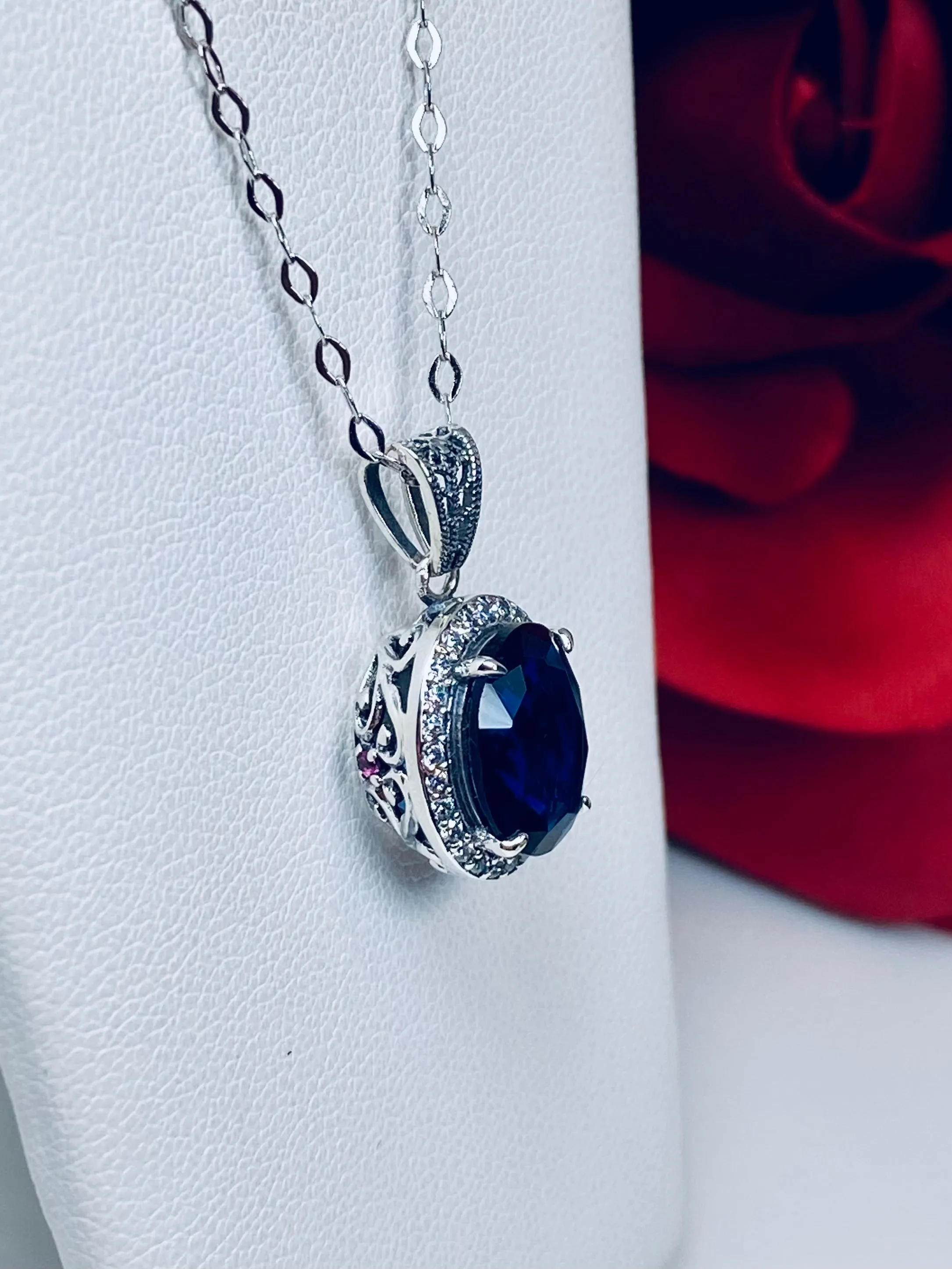Blue Sapphire Halo Pendant, Art Deco Jewelry, P228