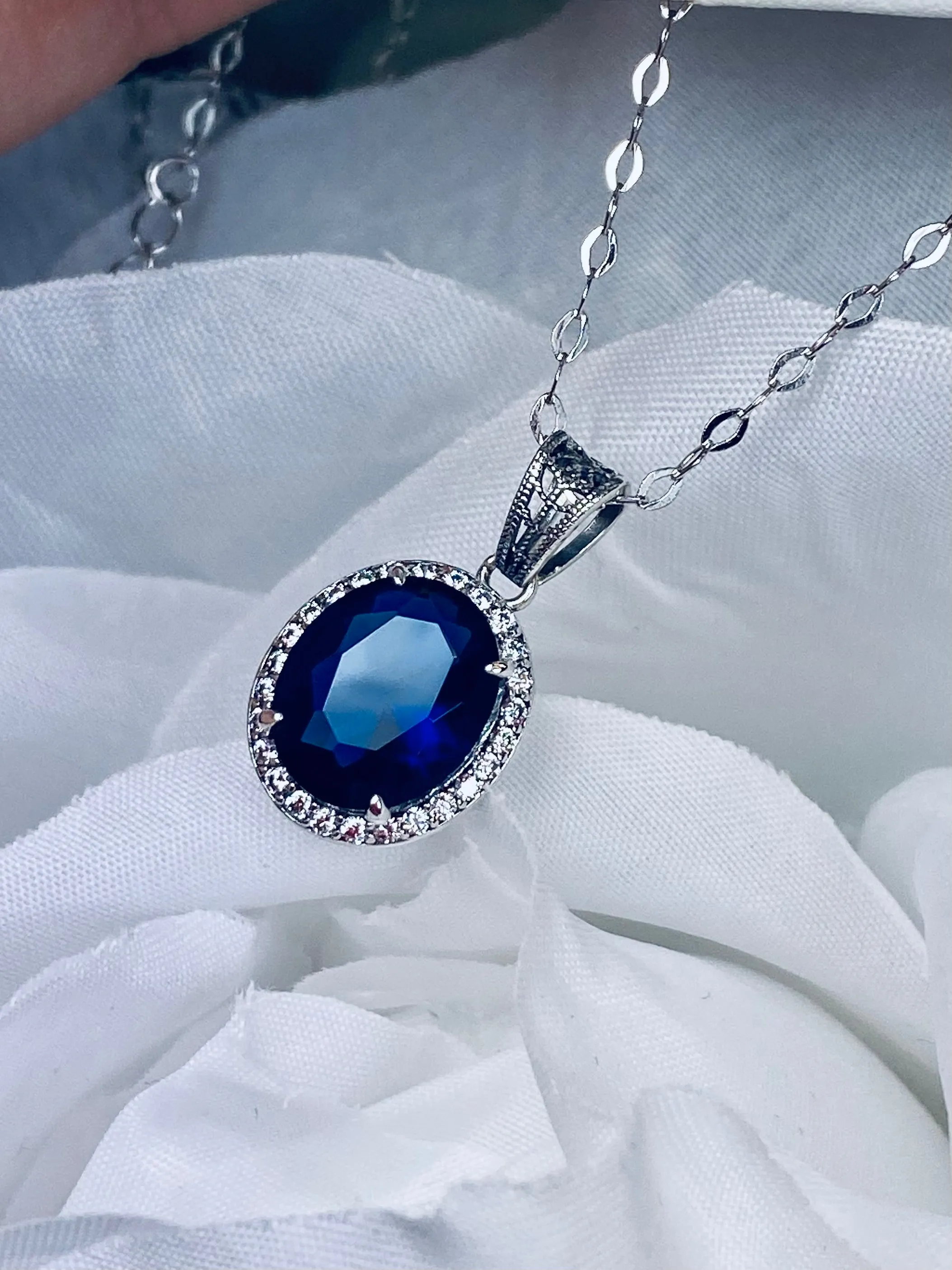 Blue Sapphire Halo Pendant, Art Deco Jewelry, P228