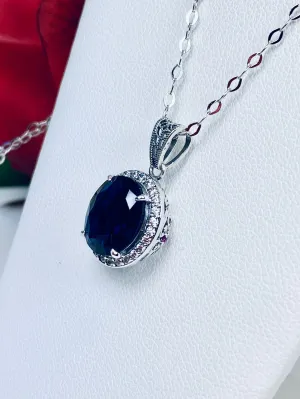 Blue Sapphire Halo Pendant, Art Deco Jewelry, P228