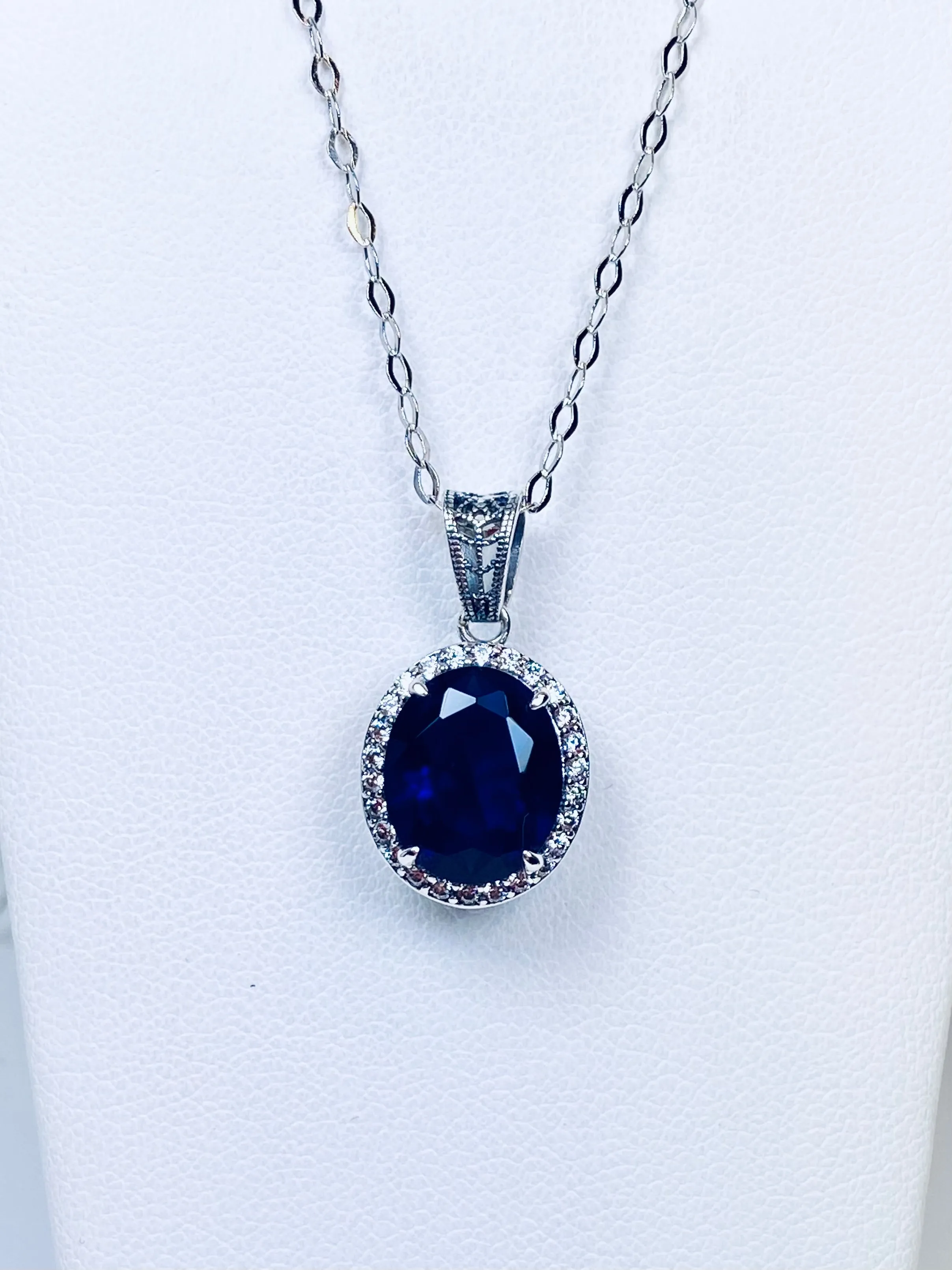 Blue Sapphire Halo Pendant, Art Deco Jewelry, P228