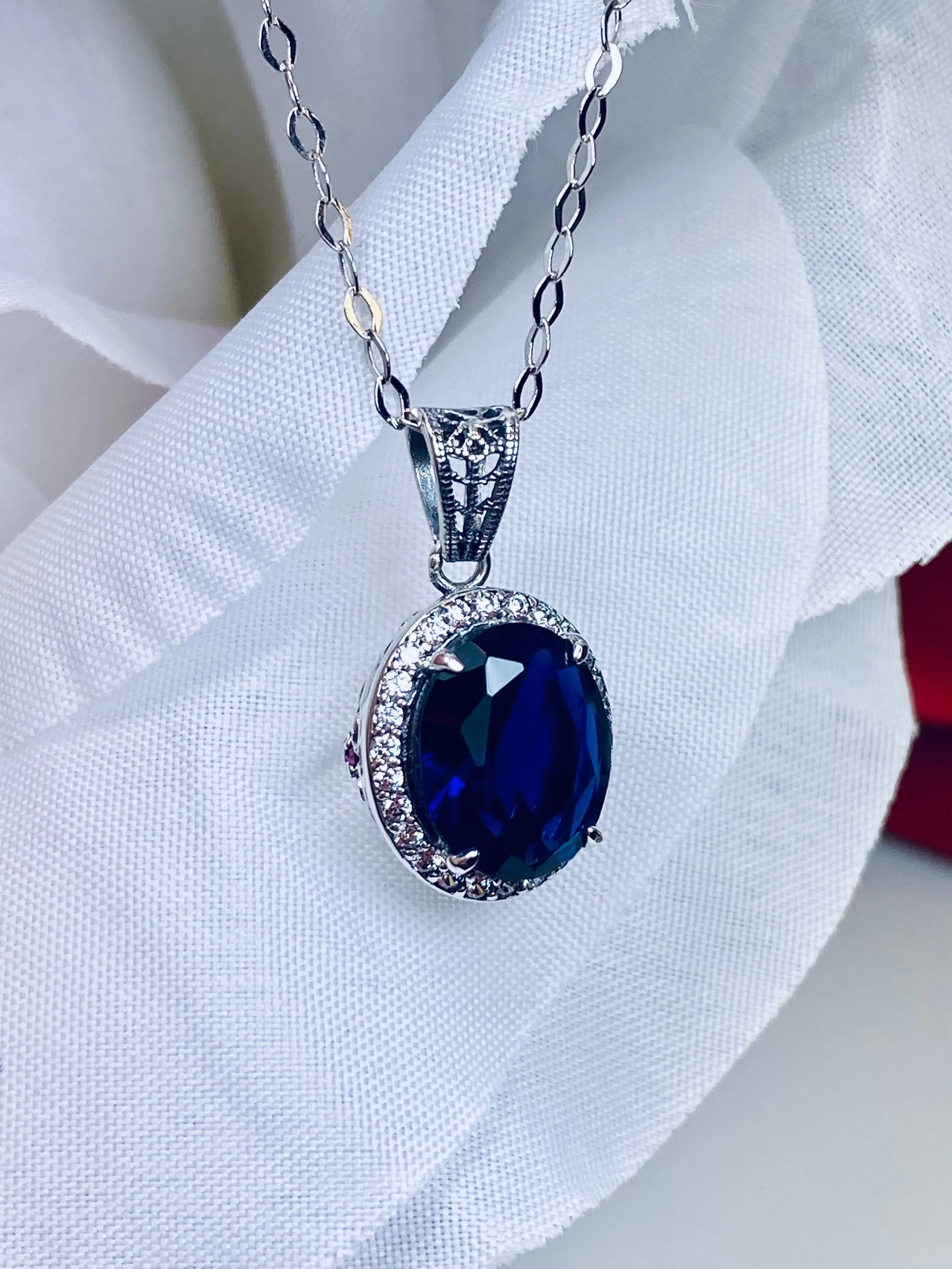 Blue Sapphire Halo Pendant, Art Deco Jewelry, P228